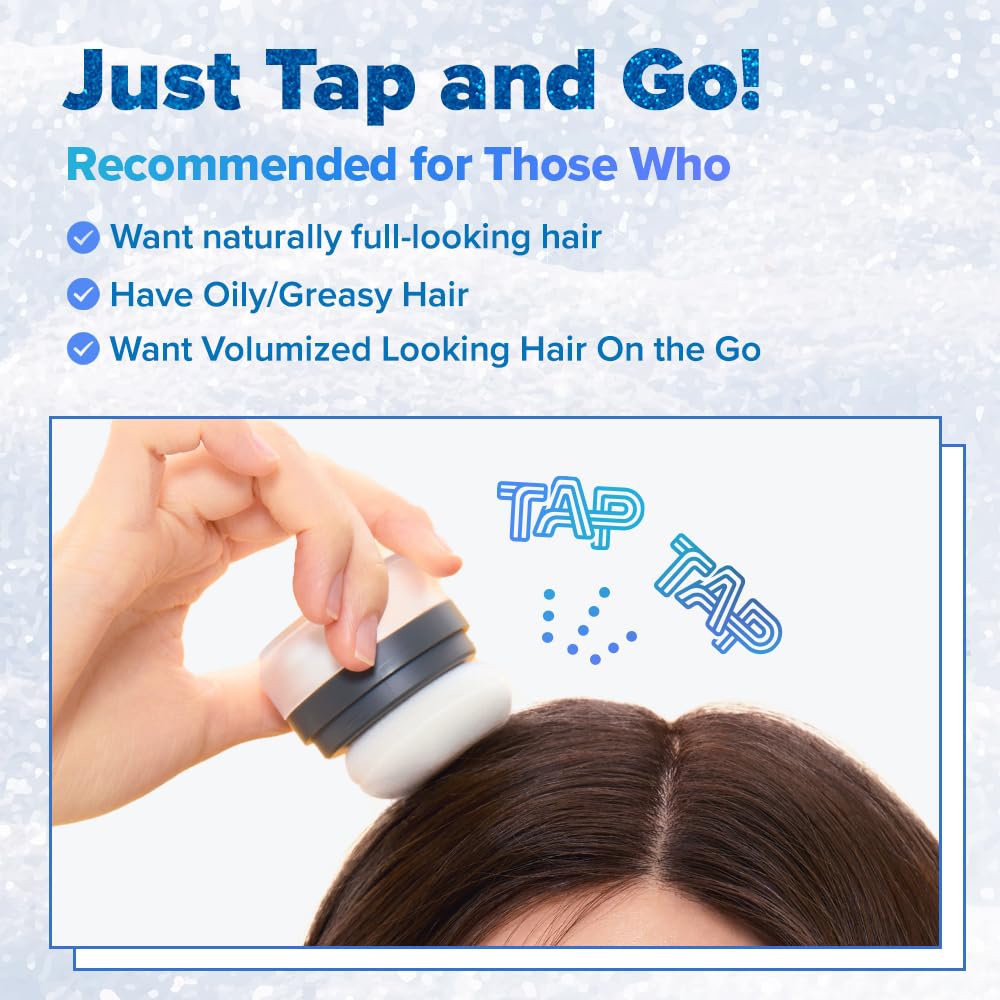 I DEW CARE Tap Secret applying dry shampoo to roots for oil absorption