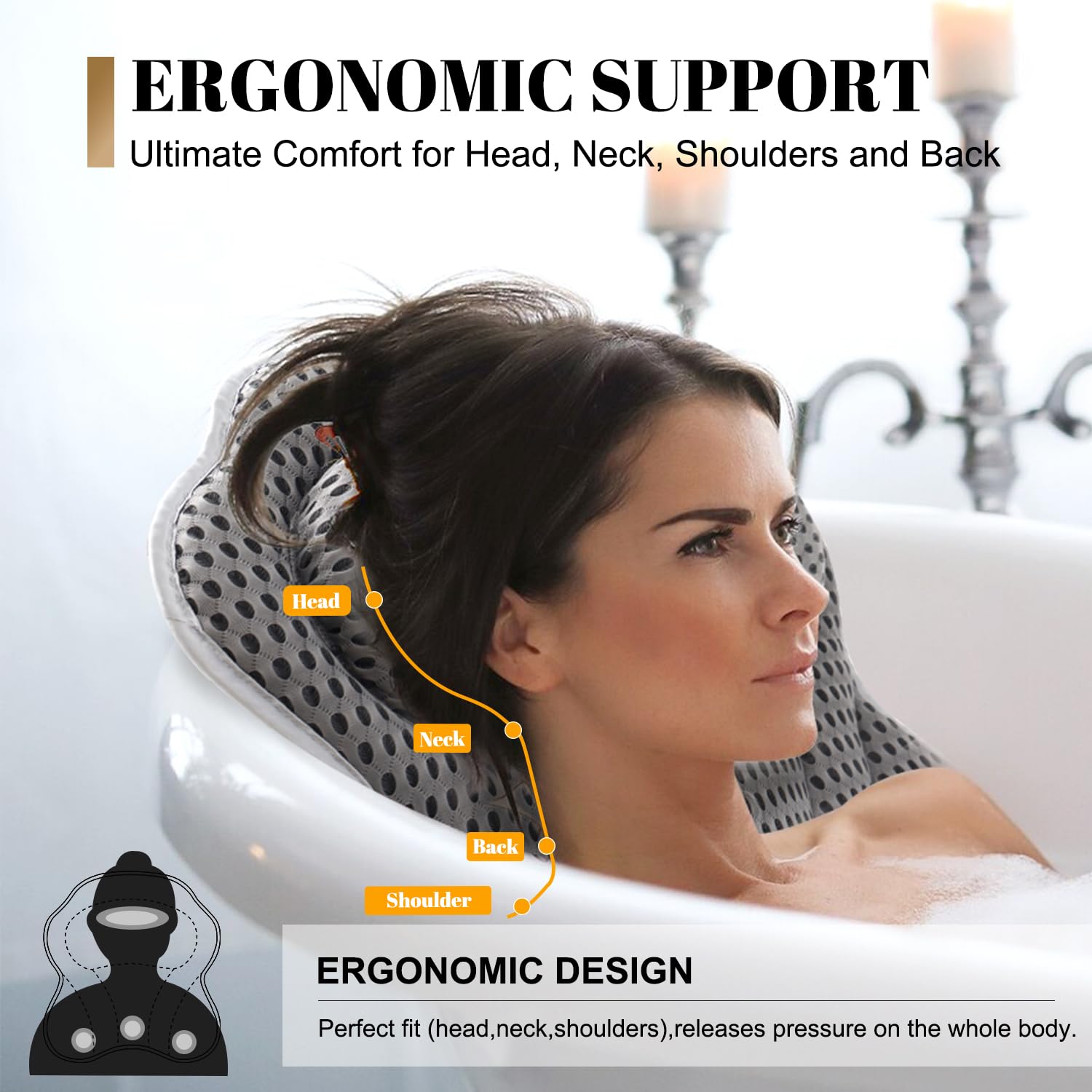 Idle Hippo bath pillow shows six suction cups for secure tub attachment.