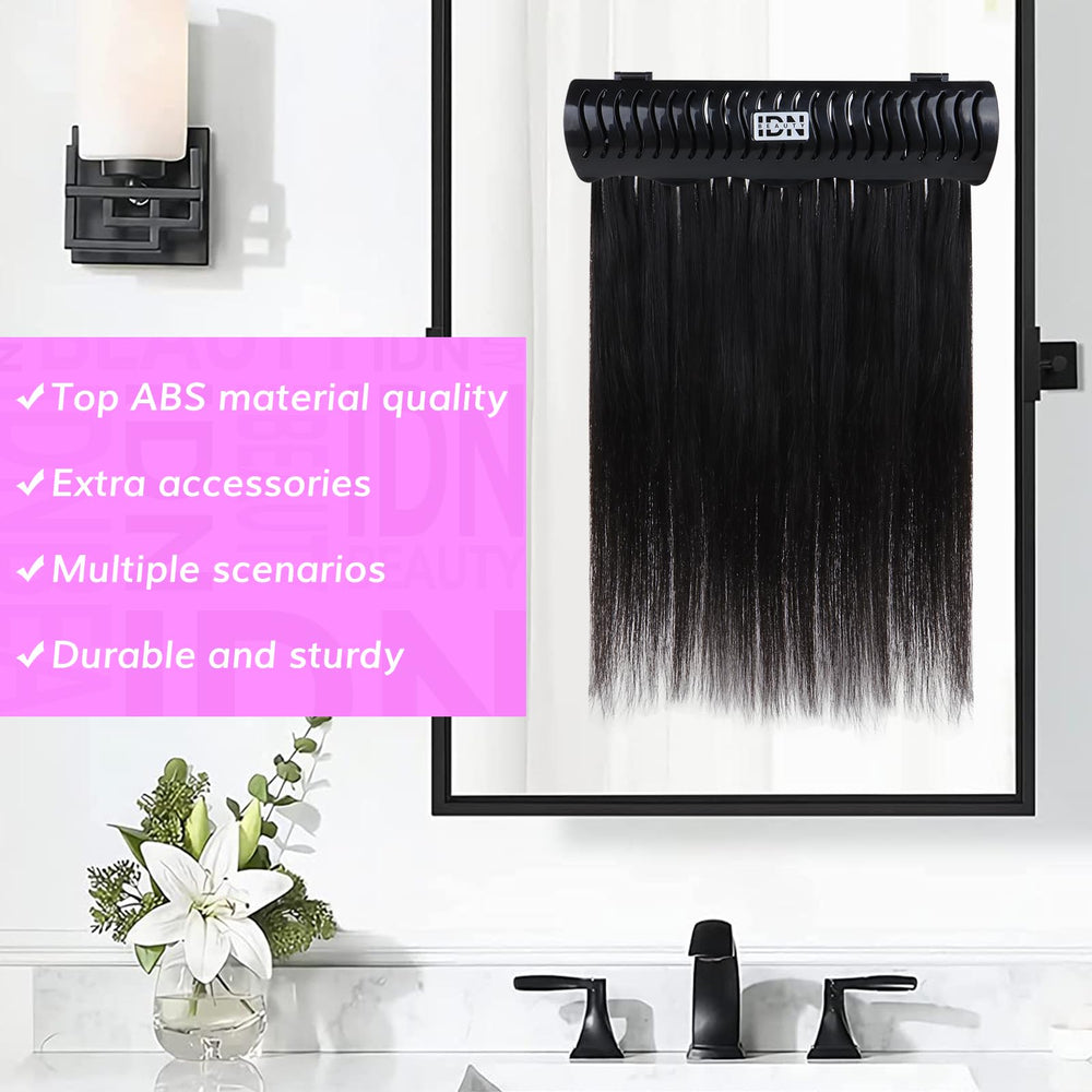 IDN Beauty holder in bathroom setup for washing and drying extensions.