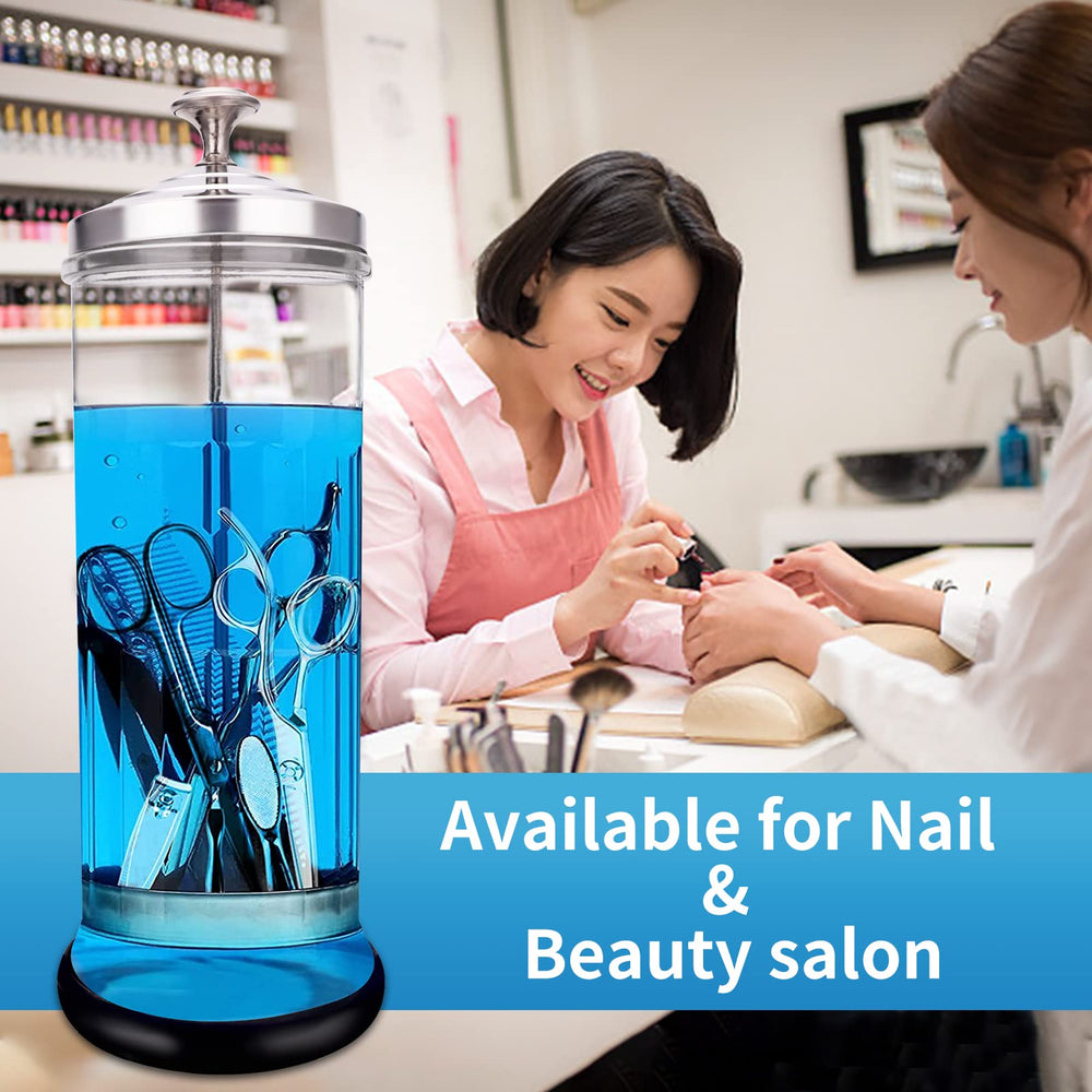 IEBARBER salon tool storage jar keeps nails and clippers neatly organized for sanitation.