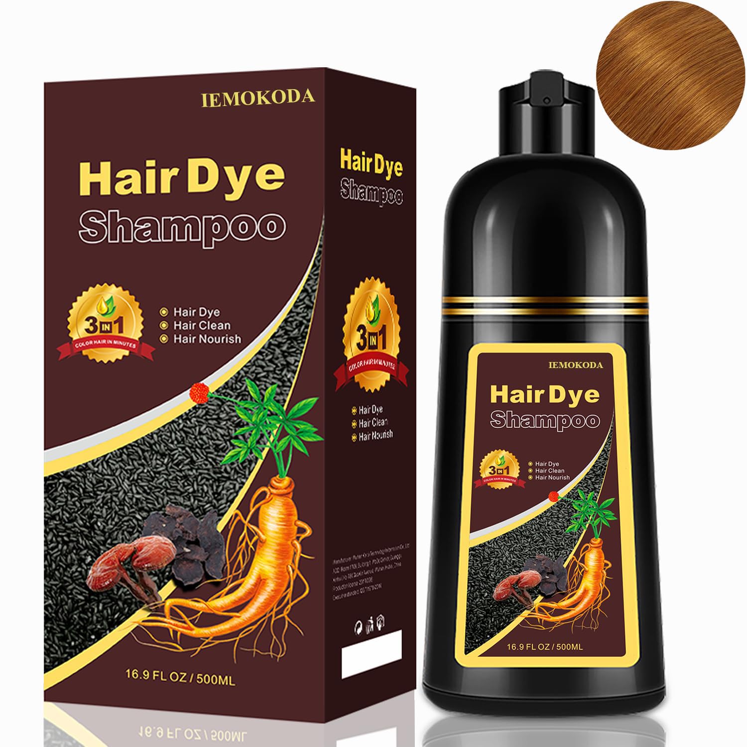 The iemokoda blonde brown hair dye shampoo bottle demonstrates easy at-home gray coverage.