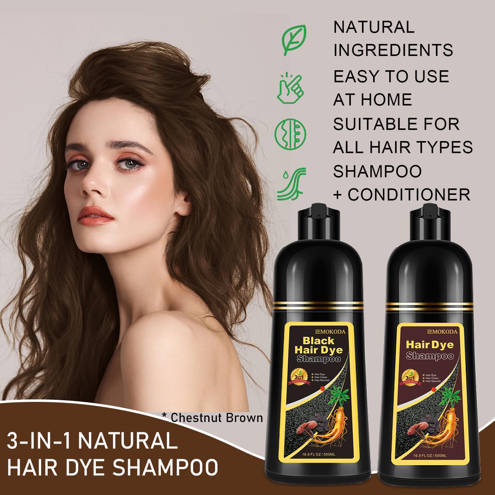 iemokoda Chestnut Brown Hair Dye Shampoo application gloves ready for at-home color