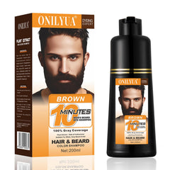 iemokoda dark brown beard dye shampoo bottle and swatch showing instant gray coverage.