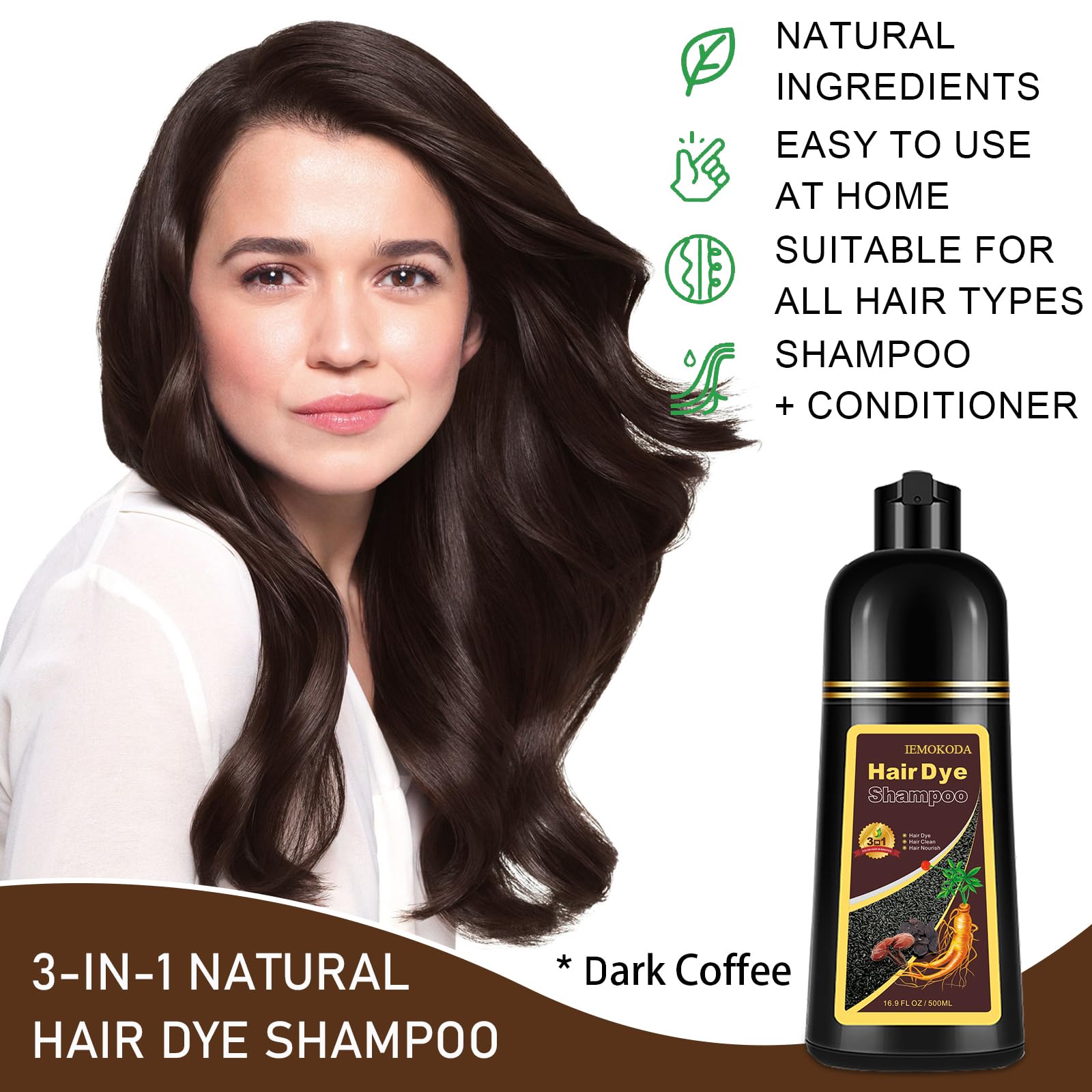 iemokoda dark coffee hair dye shampoo being applied to dry hair for even color