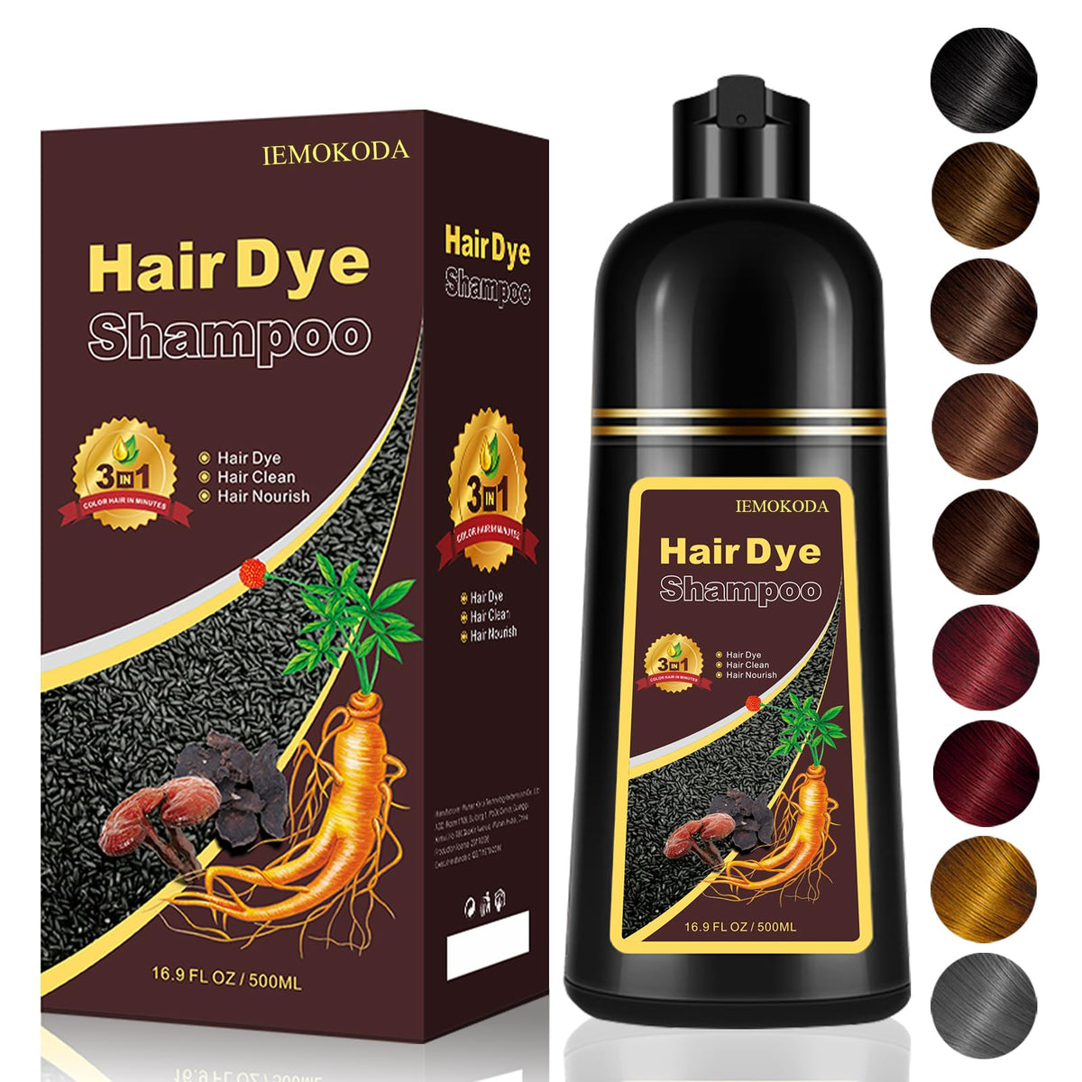 iemokoda dark coffee hair dye shampoo bottle on counter ready for quick gray coverage