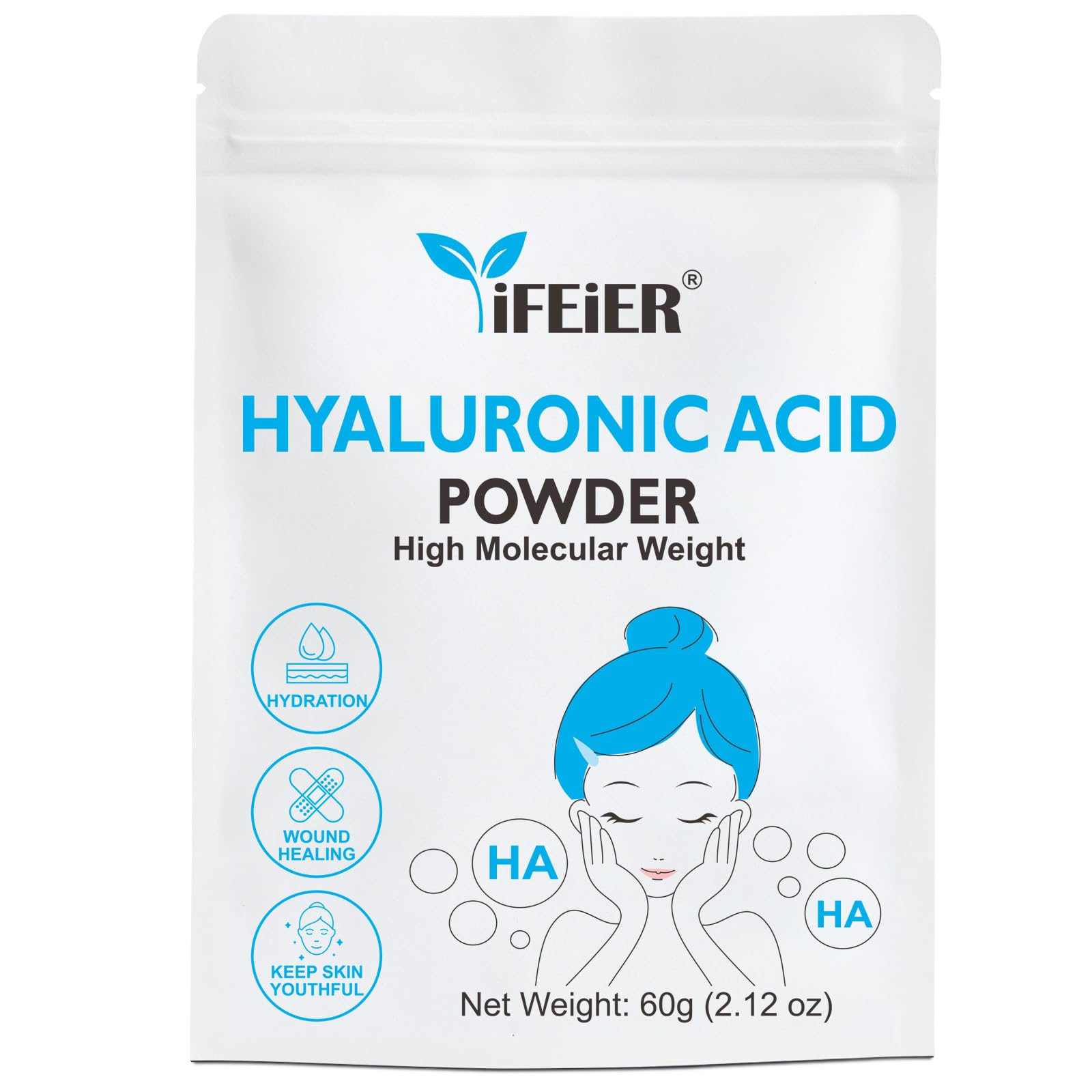 ifeir hyaluronic acid powder packaging shows a resealable pouch for freshness and easy storage