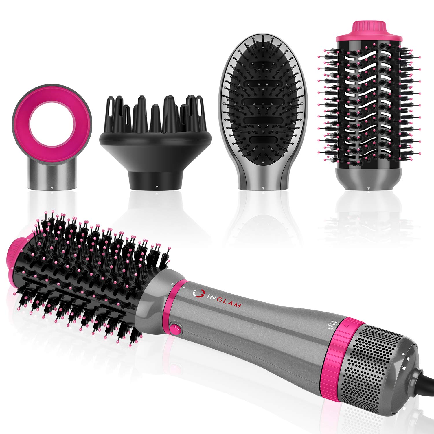 IG INGLAM 4 in 1 blowout brush product shot highlights all-in-one styling for faster mornings.