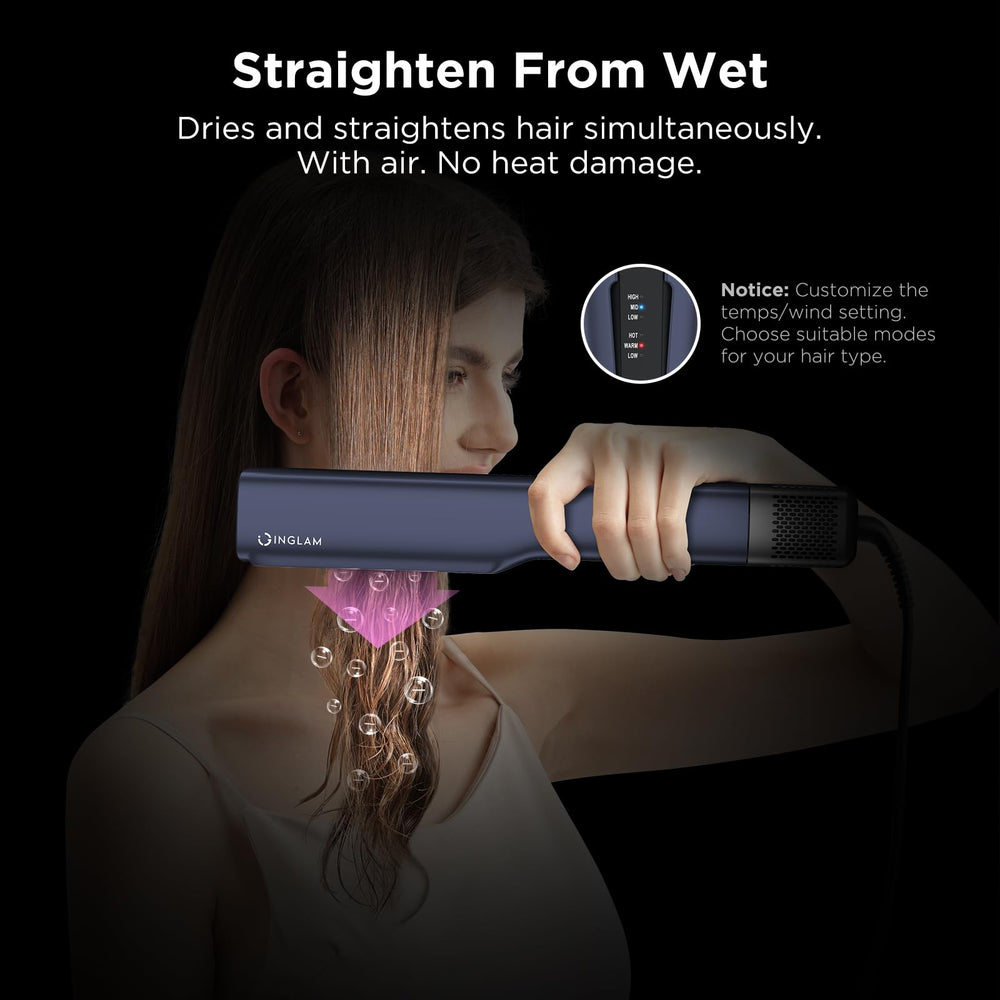 IG INGLAM Air Straightener prussian-blue housing offers a stylish, travel-ready look for on-the-go styling.