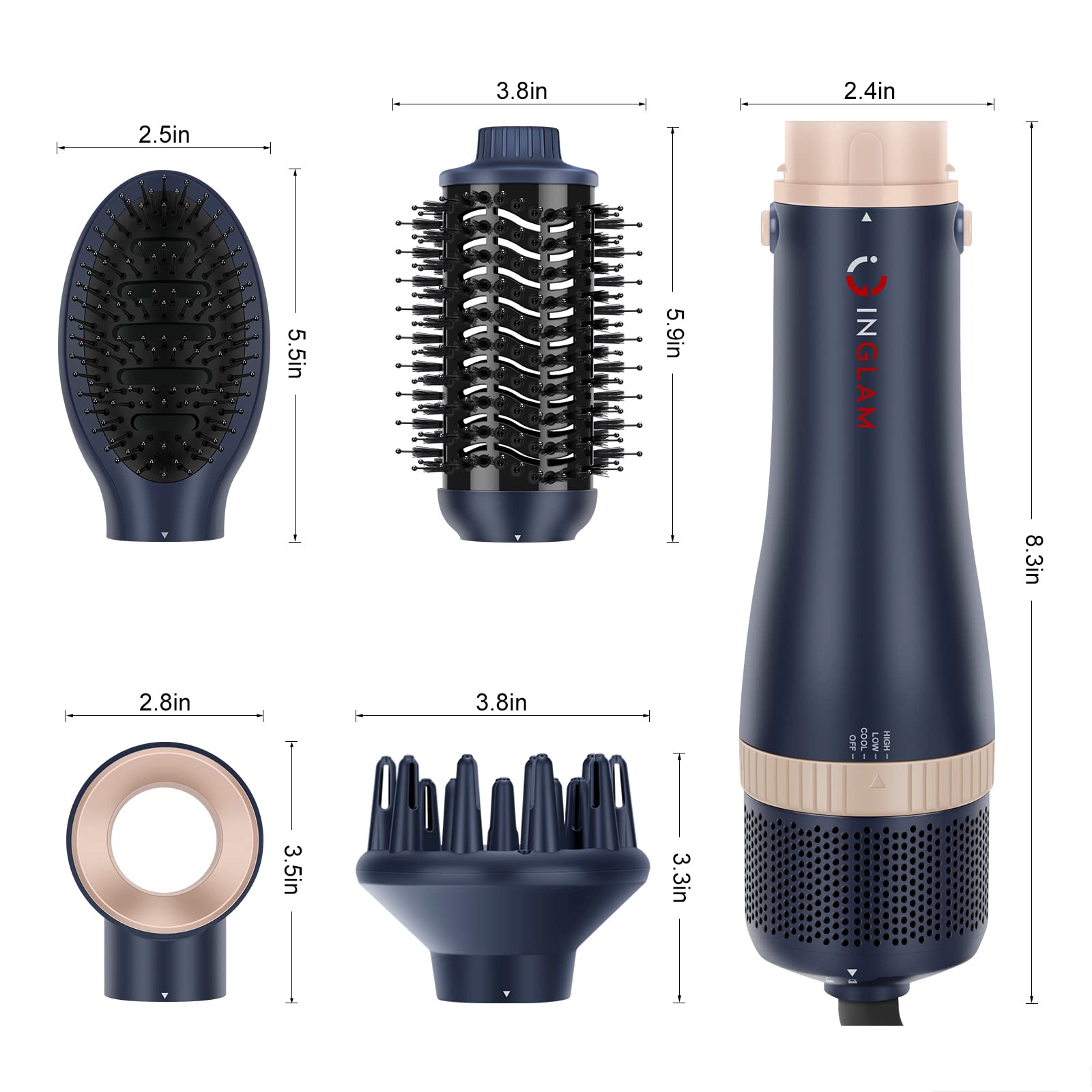 IG INGLAM detachable hair dryer brush handle for easy cleaning and replacement.