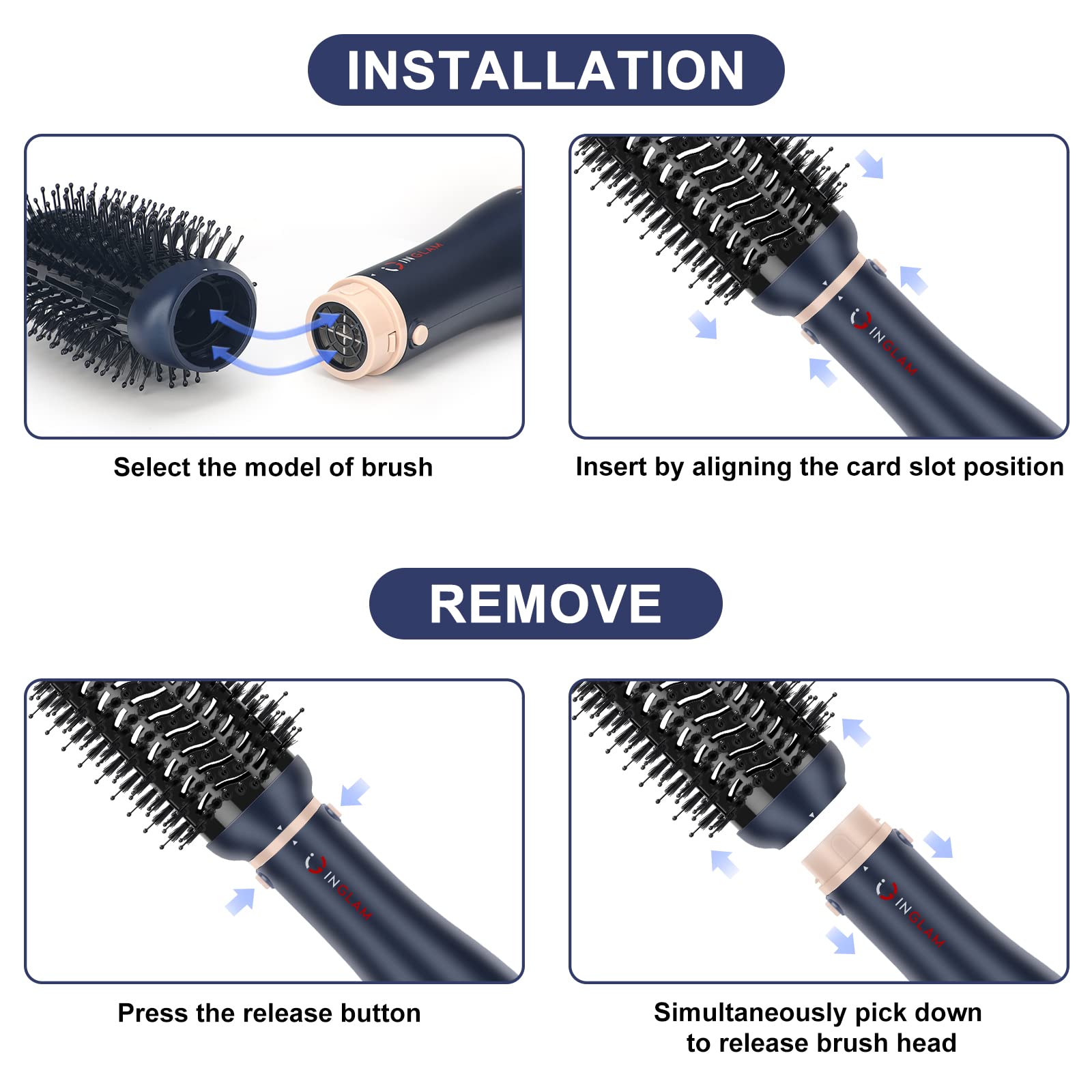 IG INGLAM interchangeable brush heads close-up highlights versatility for volume and curls.