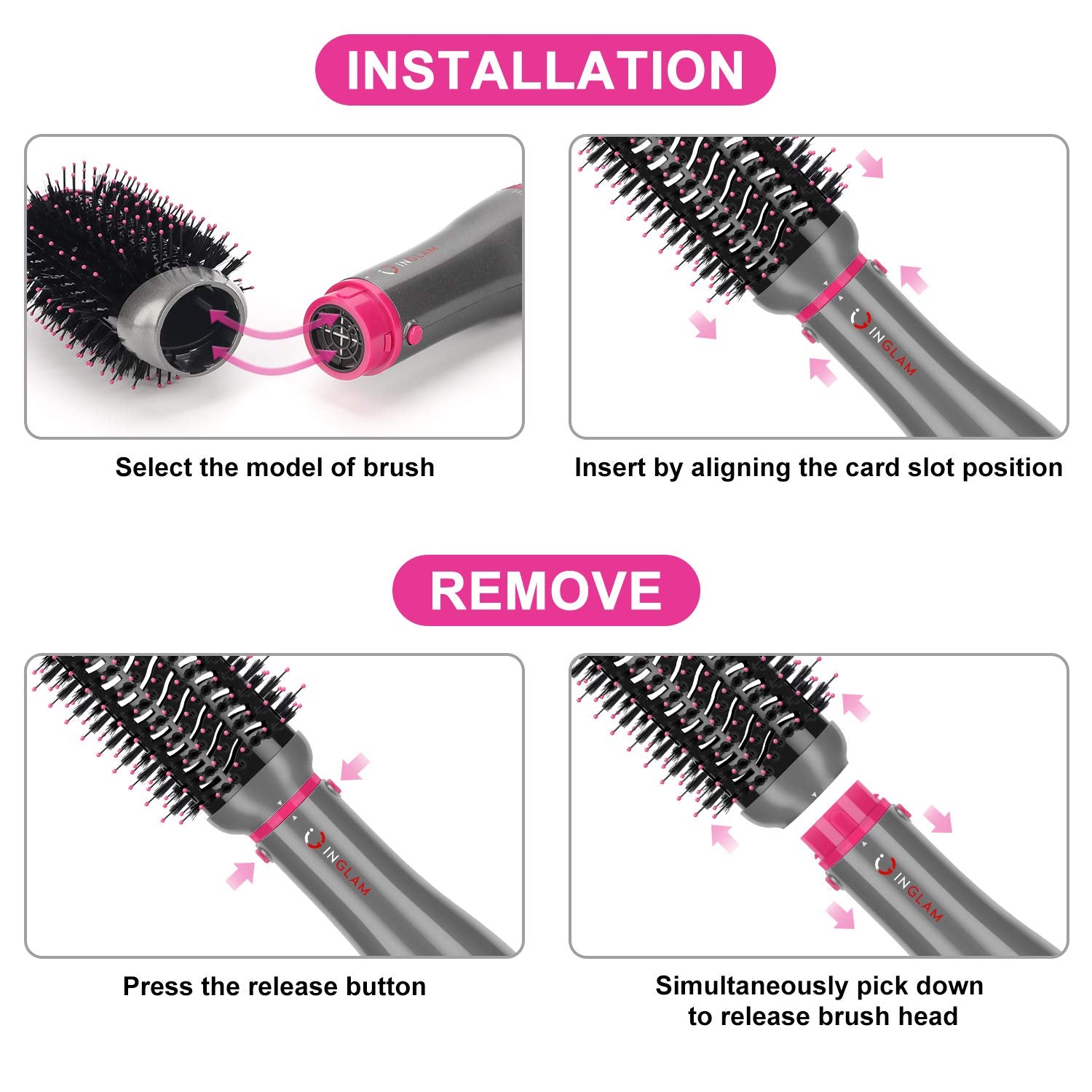 IG INGLAM interchangeable brush heads demonstrate drying, volumizing, straightening, and curling capabilities.