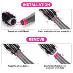 IG INGLAM interchangeable brush heads demonstrate drying, volumizing, straightening, and curling capabilities.
