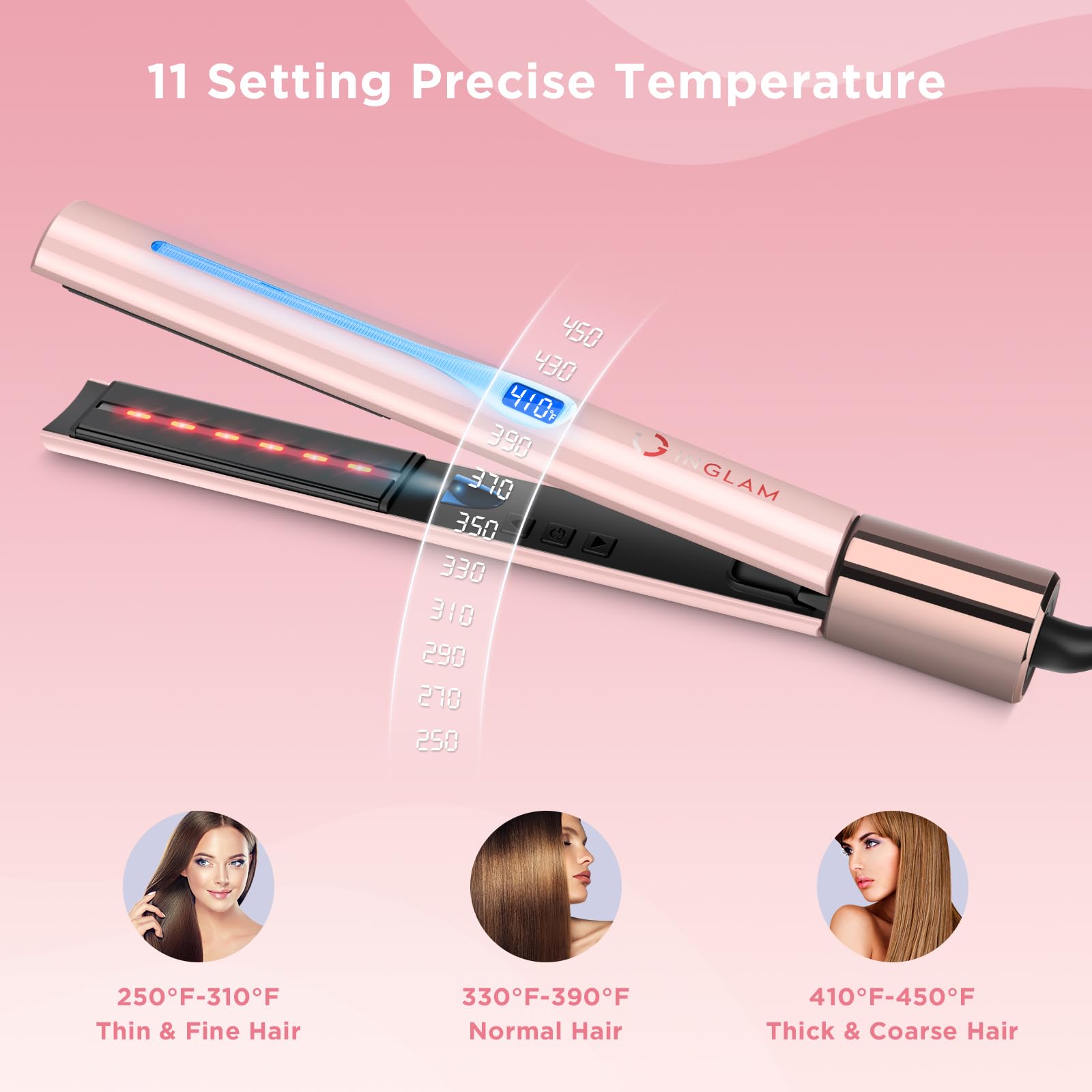 IG INGLAM titanium flat iron curl mode demonstrates versatile straight and curved styles