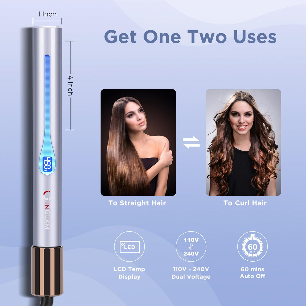 IG INGLAM titanium flat iron curling-bar in use demonstrates dual functionality for waves.