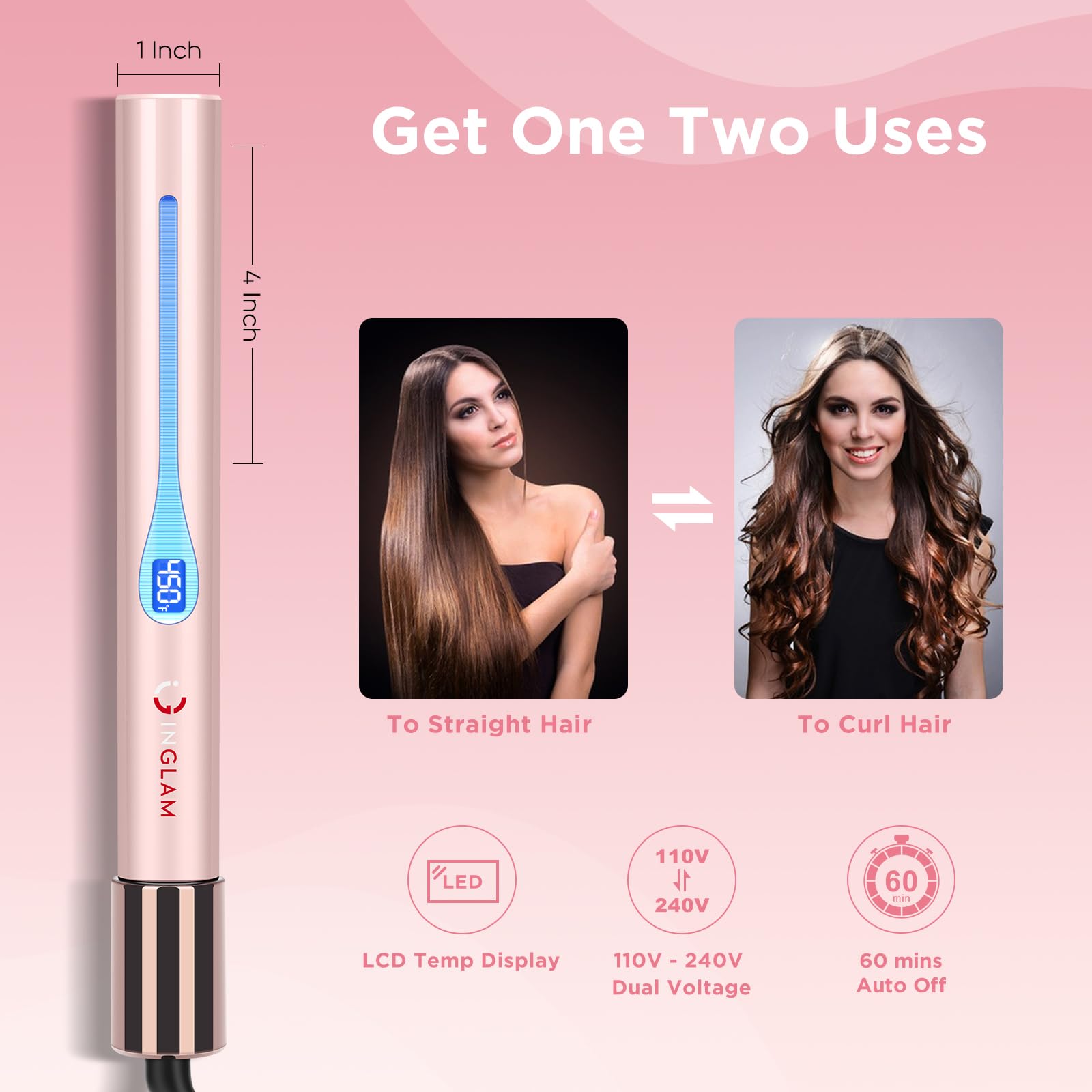 IG INGLAM titanium flat iron dual voltage plug enables worldwide travel