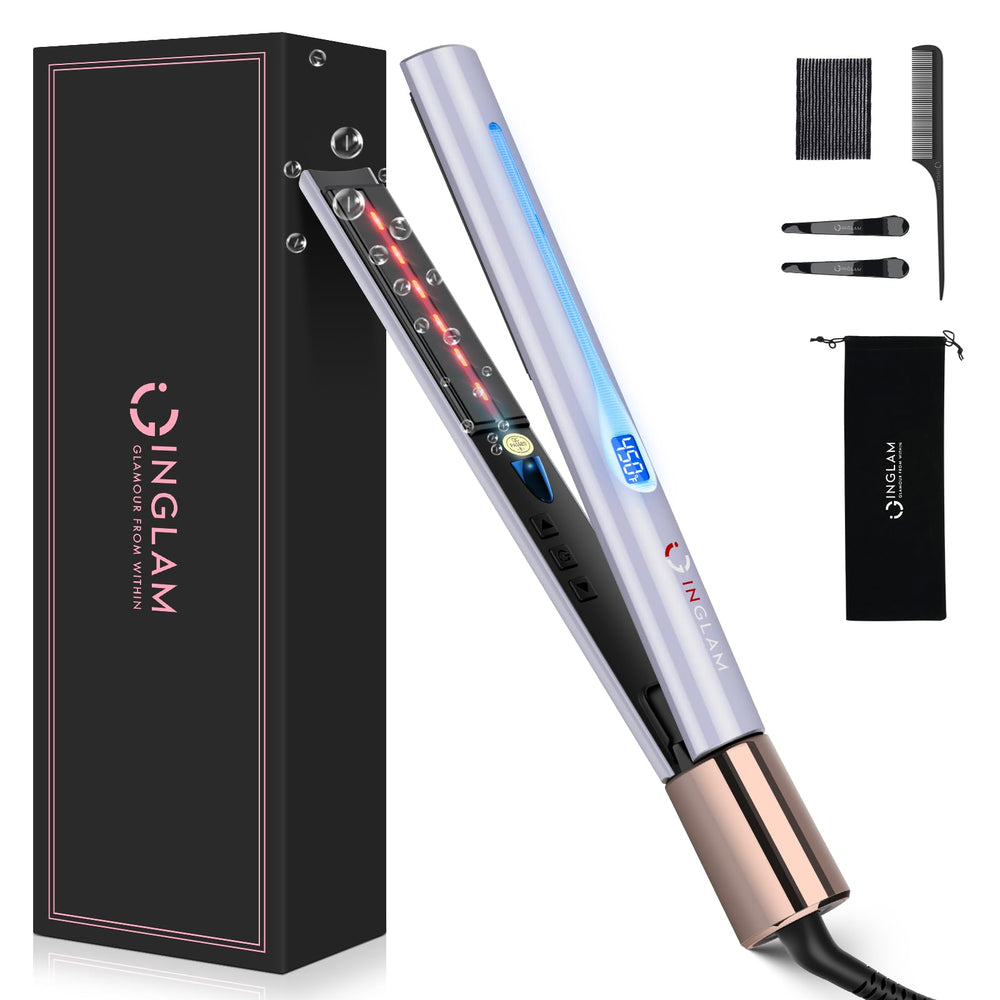 IG INGLAM titanium flat iron front view highlights the sleek purple design for versatile styling options.
