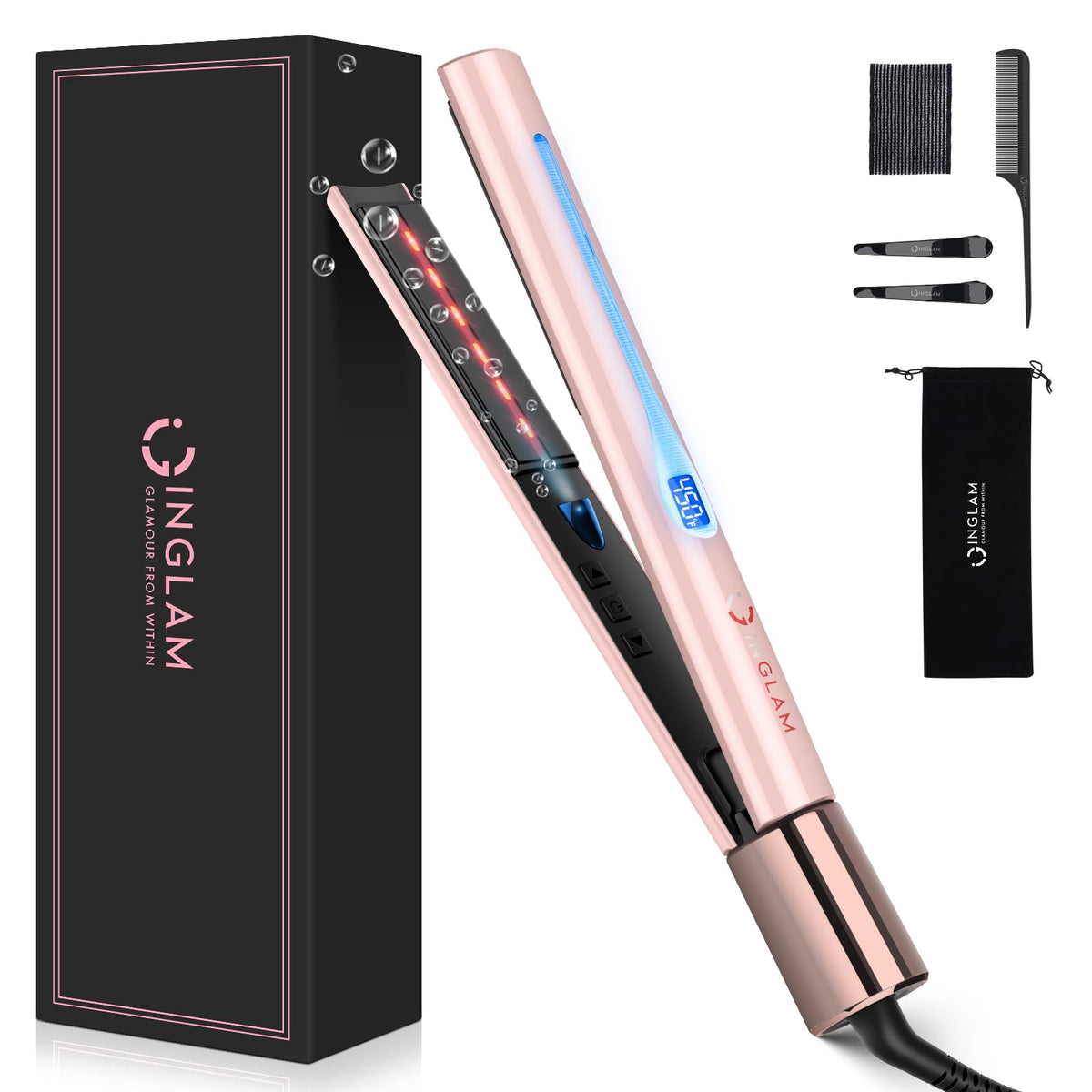 IG INGLAM titanium flat iron with LCD display shows precise heat settings for styling