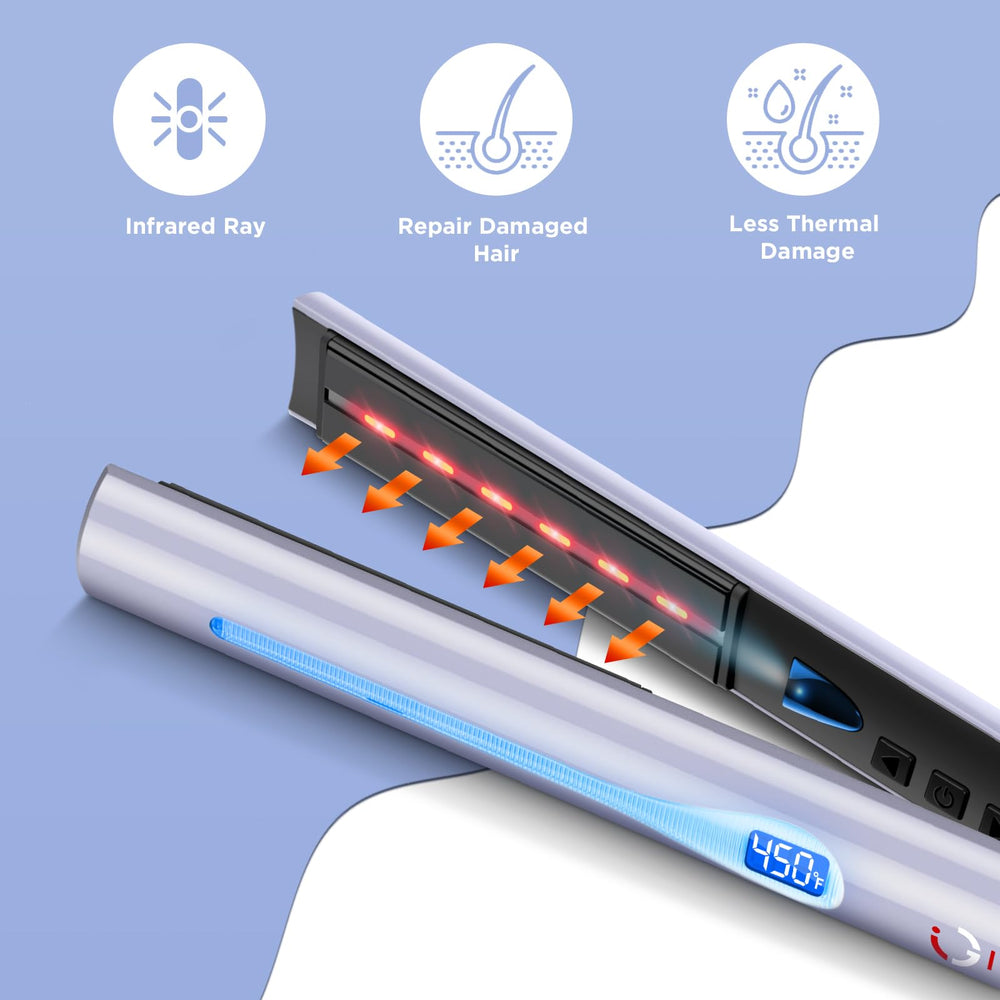 IG INGLAM titanium flat iron side handle demonstrates ergonomic grip for comfortable styling.