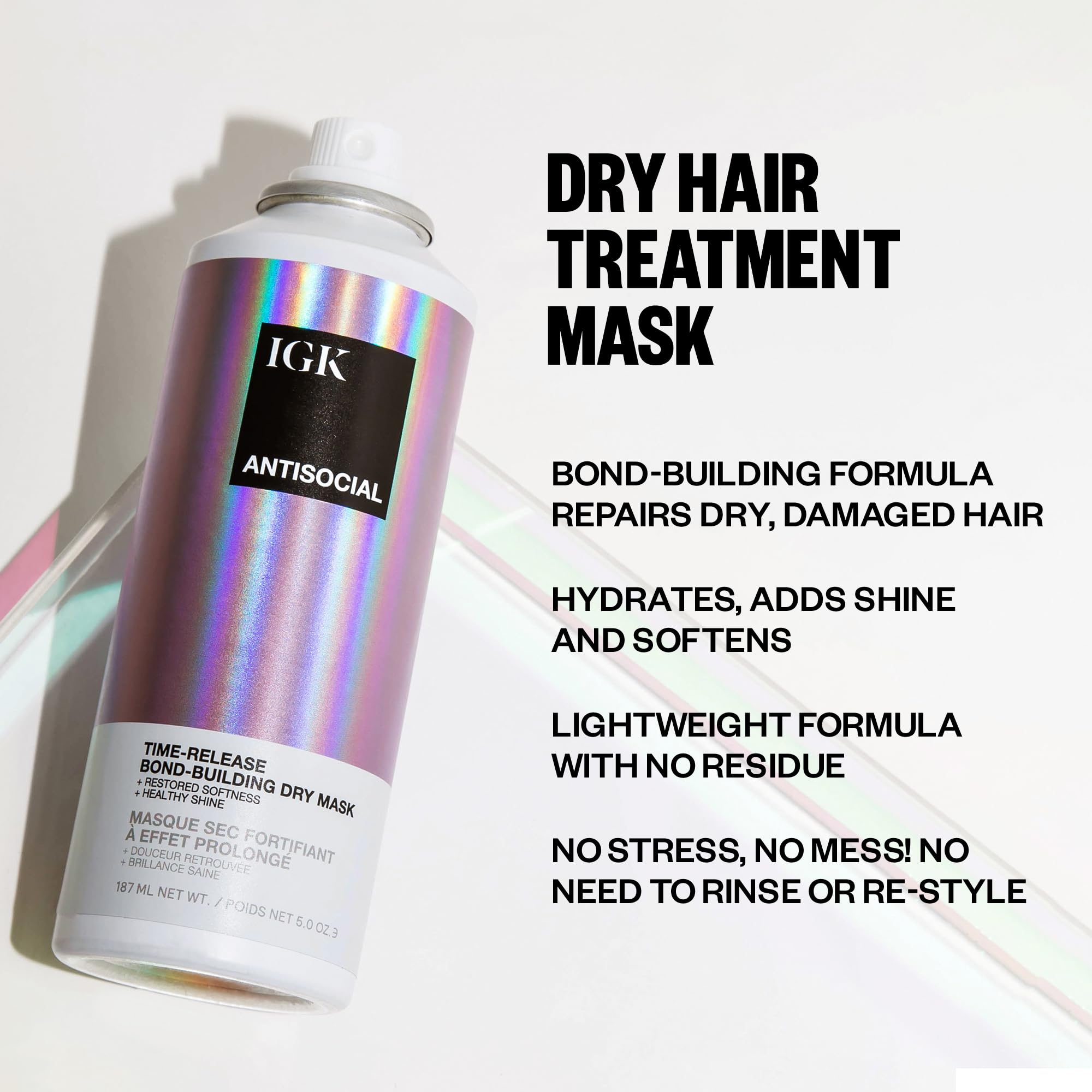 IGK Antisocial dry hair mask bottle highlights sleek design for on-the-go care.