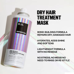 IGK Antisocial dry hair mask bottle highlights sleek design for on-the-go care.