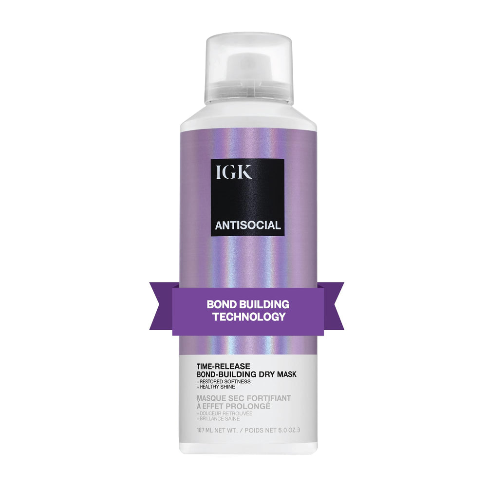 IGK Antisocial packaging shows vegan bond-building formula for overnight repair.