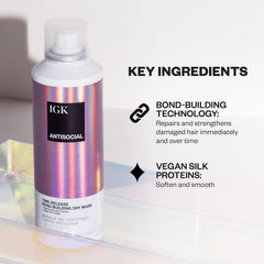 IGK Antisocial Bottle Closeup highlights lightweight formula suitable for extensions.