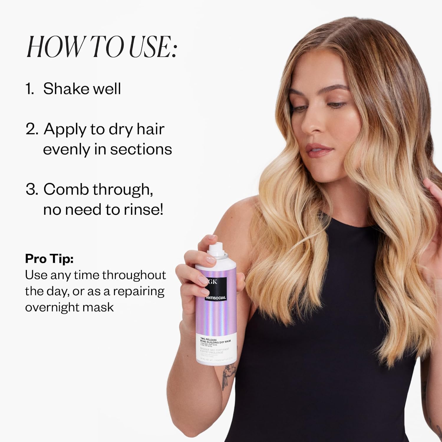 IGK Antisocial Sprayer Dry Hair demonstrates pre-bed spray for overnight hydration.