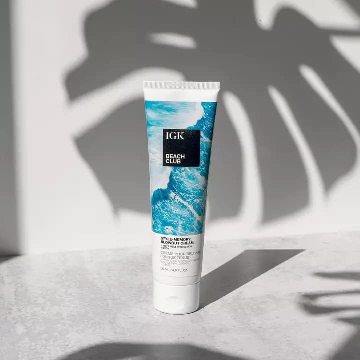IGK Beach Club Style-Memory Cream is shown applied to damp hair for easy body and movement.
