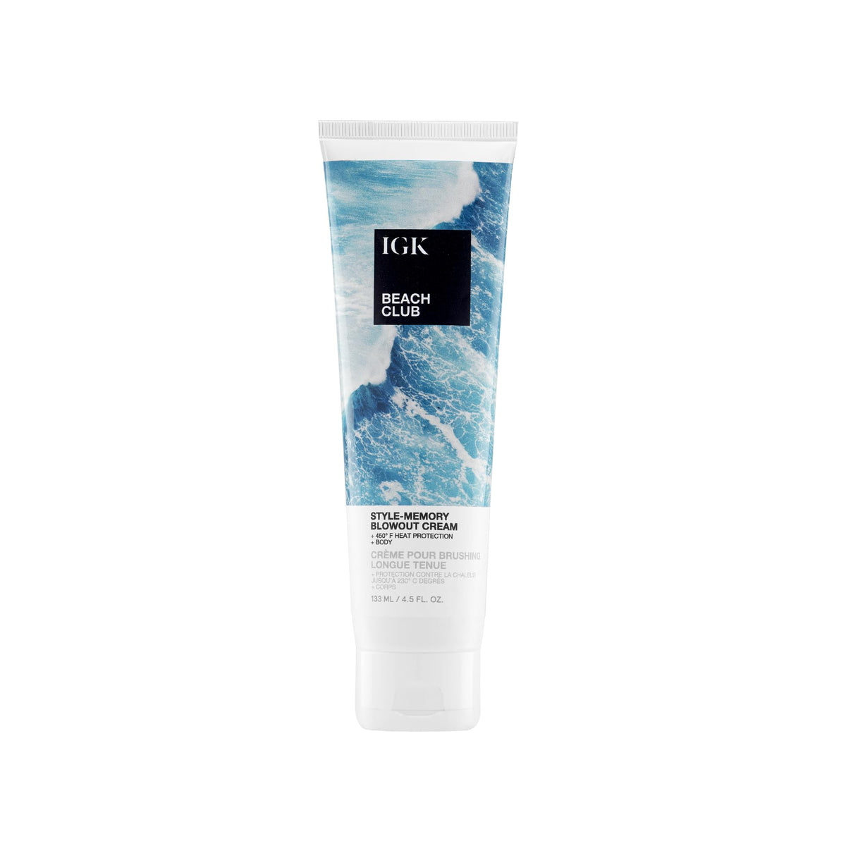 IGK Beach Club Style-Memory Cream packaging highlights a lightweight heat-protectant for voluminous blowouts.