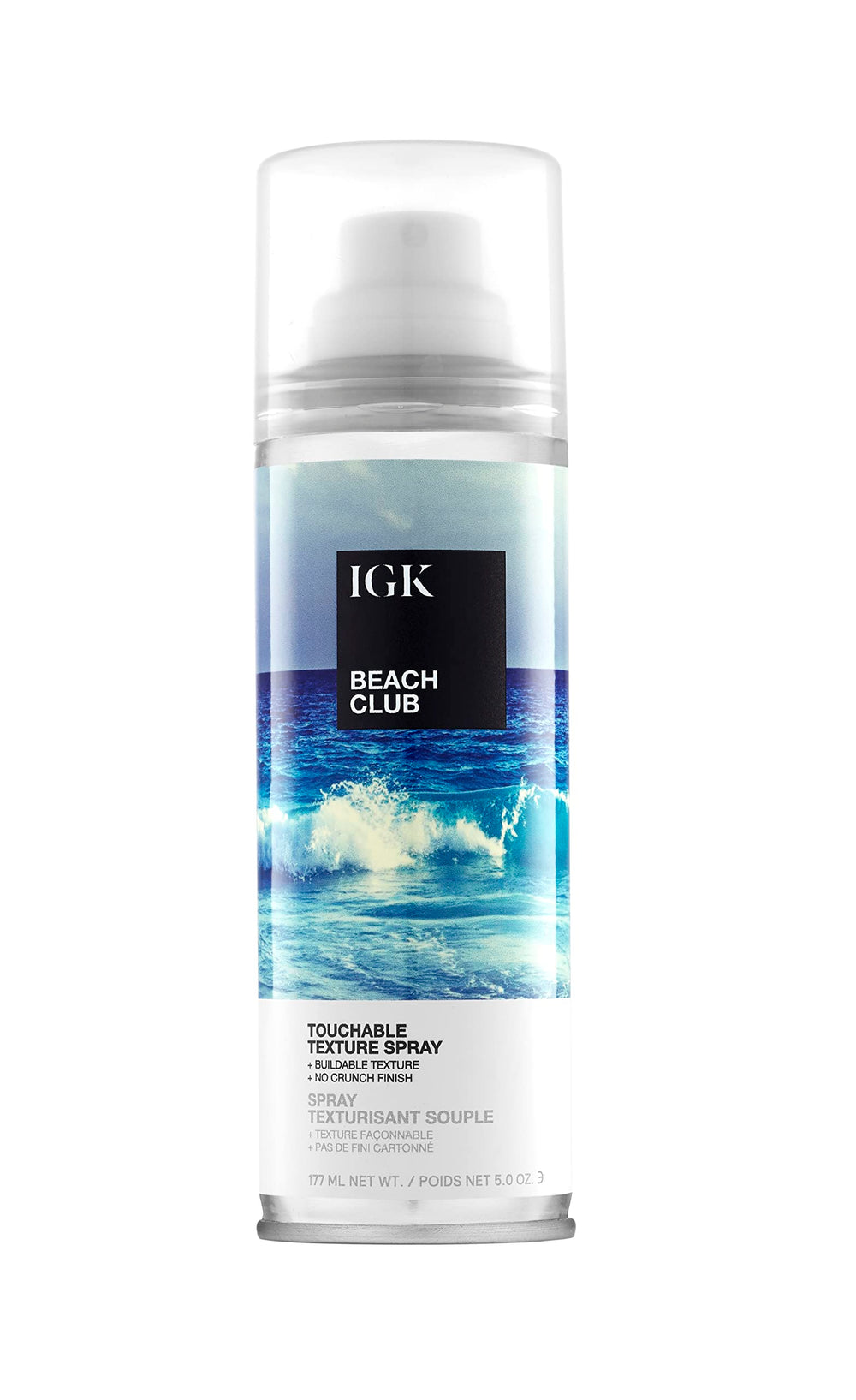 IGK Beach Club texture spray bottle demonstrates volume for a breezy beachy look.