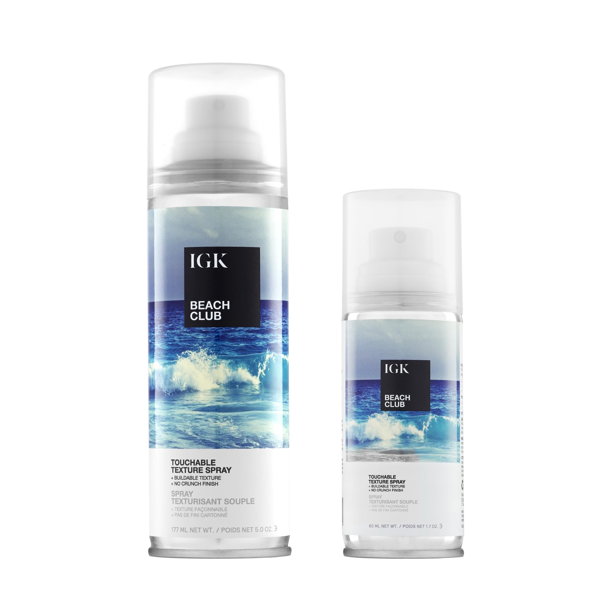 IGK Beach Club texture spray bottle showing flexible hold for beachy waves.