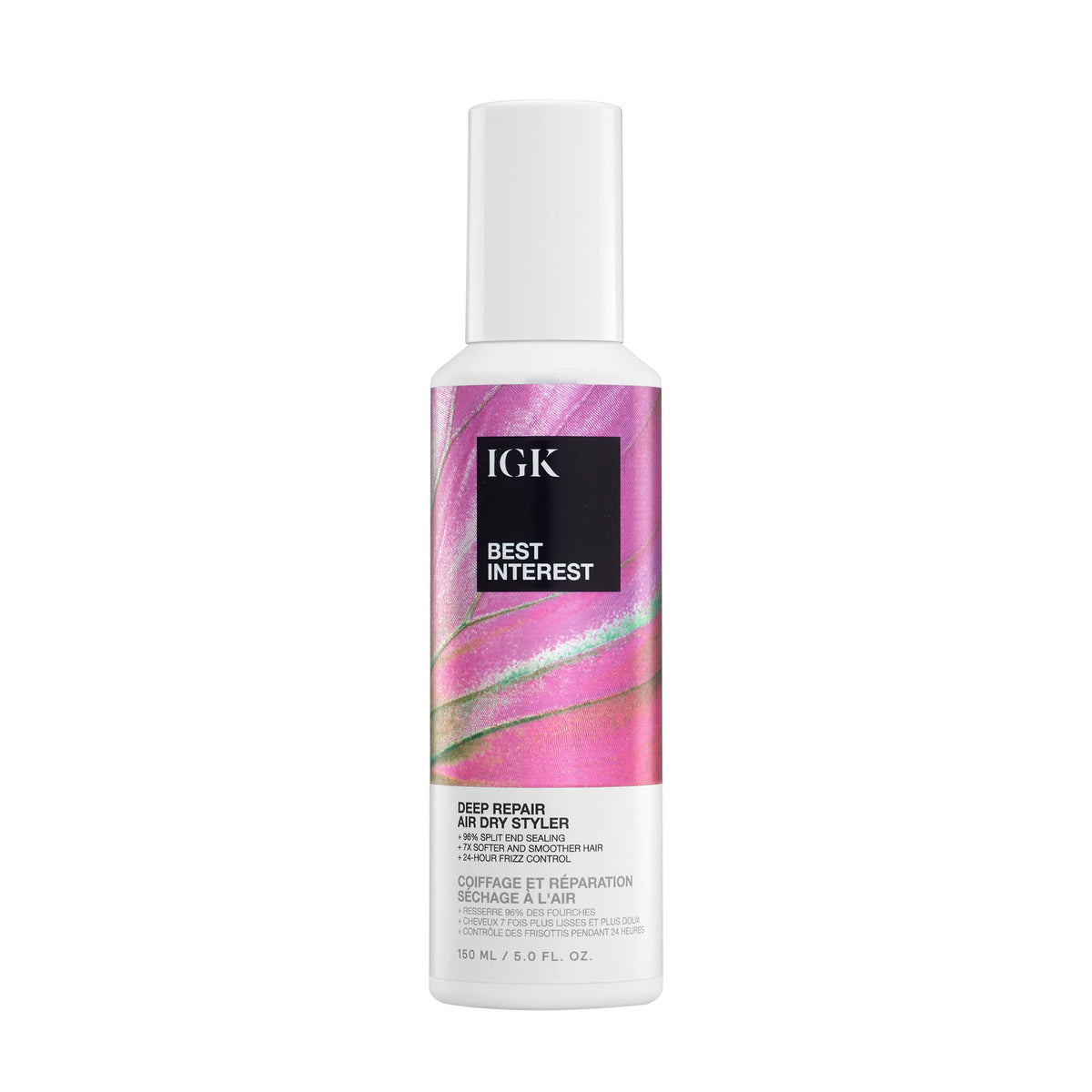 IGK Best Interest bottle on vanity showing easy, heatless styling for frizz control
