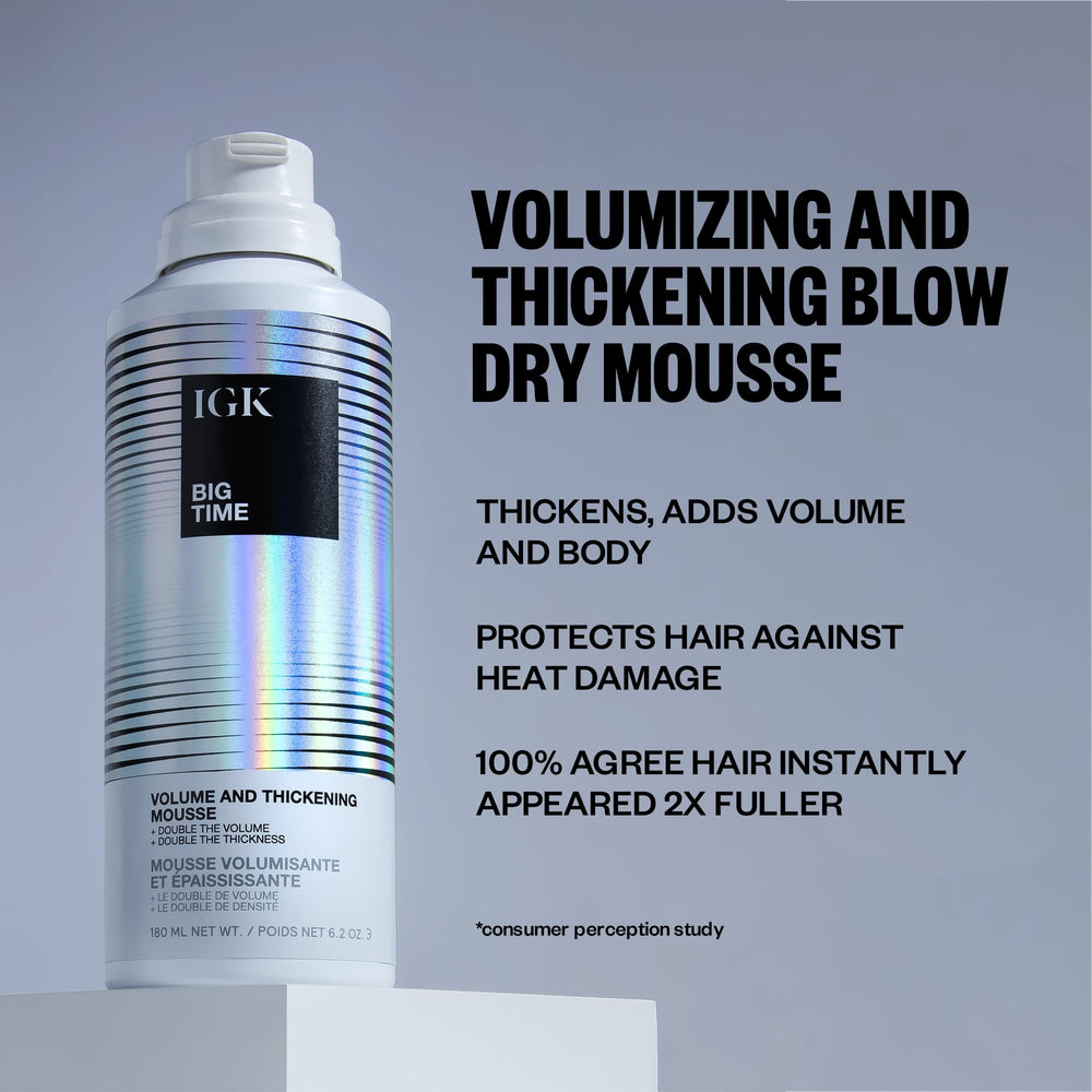 IGK BIG TIME volume mousse dispenses foam for quick, flexible volume.