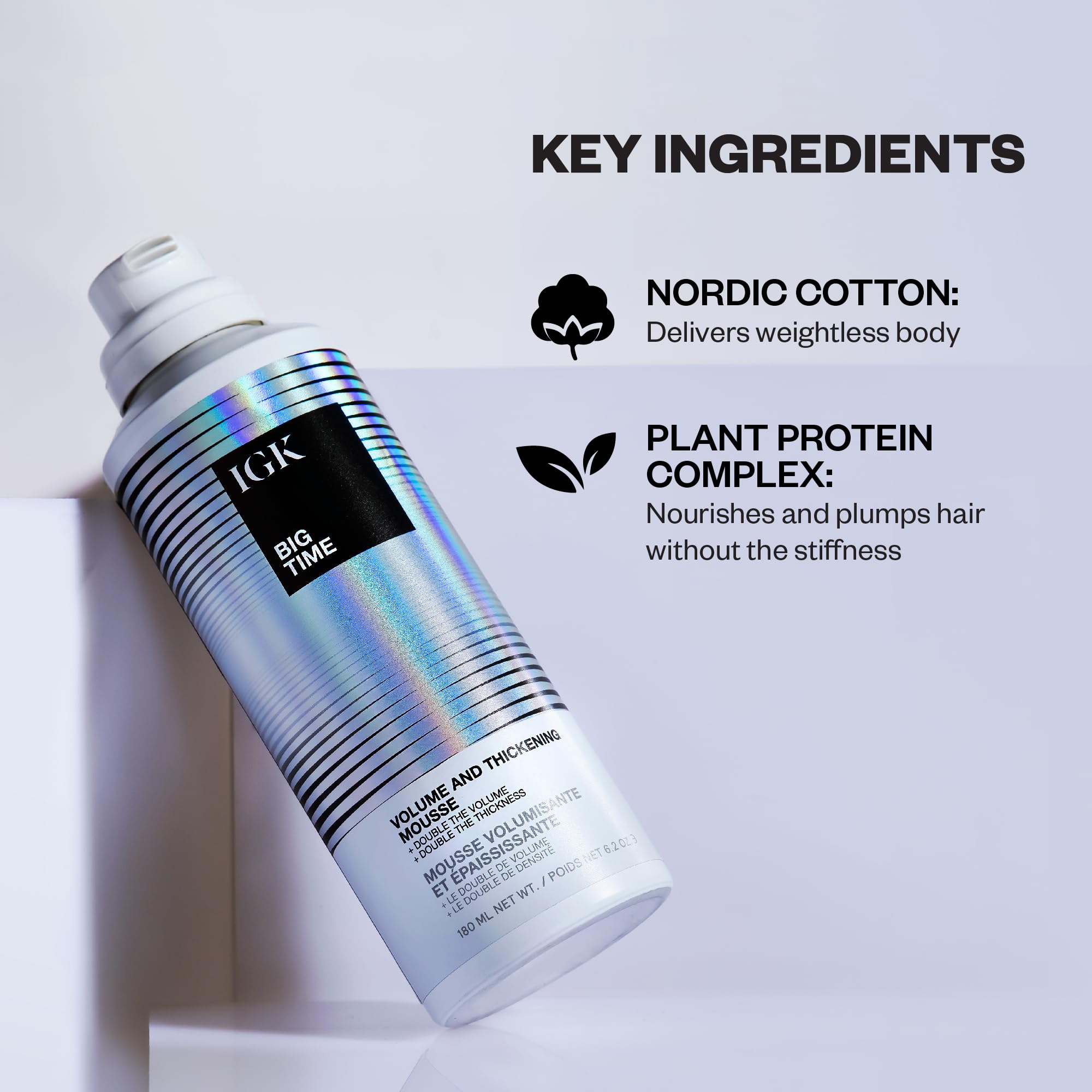 IGK BIG TIME volume mousse foam application on hands reveals airy texture.