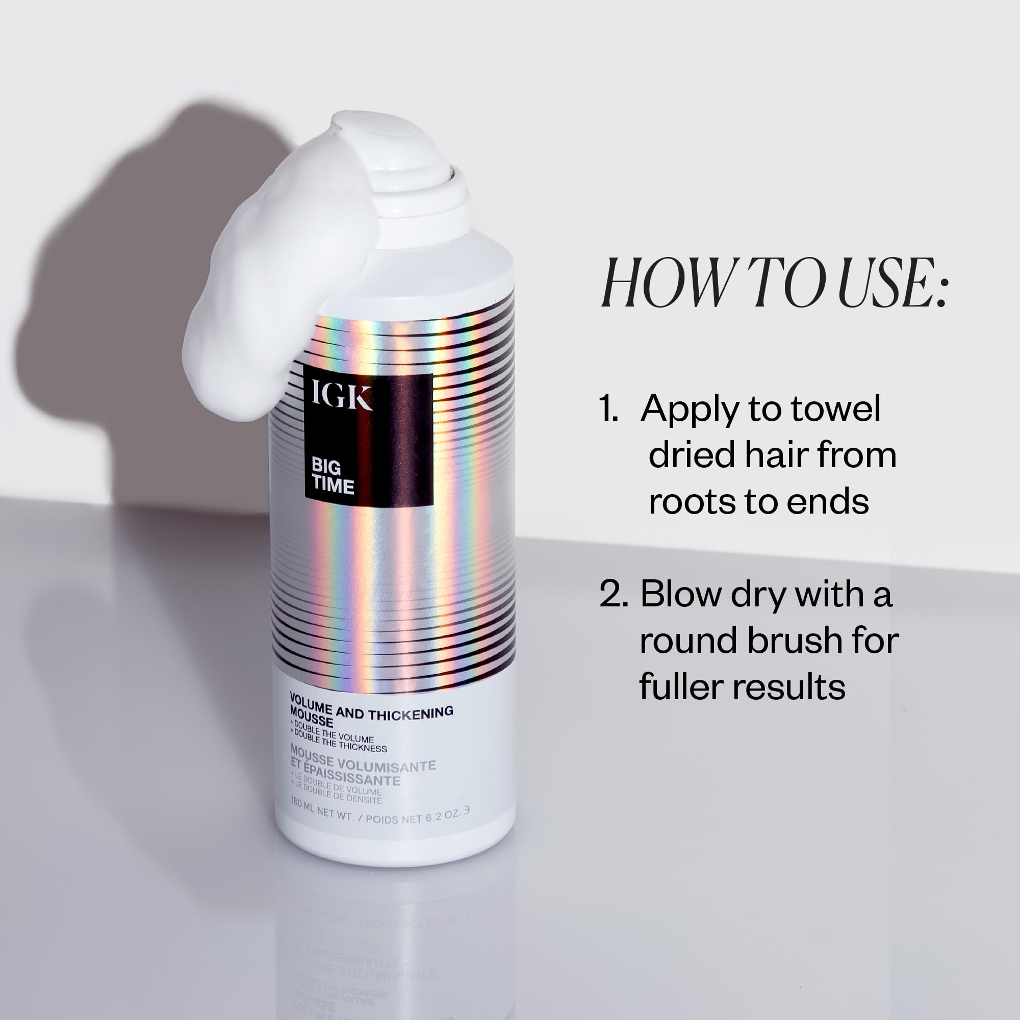 IGK BIG TIME volume mousse styling hair for lift and movement.