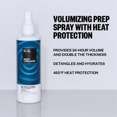 IGK Body Language priming spray application shows lightweight texture for detangling.