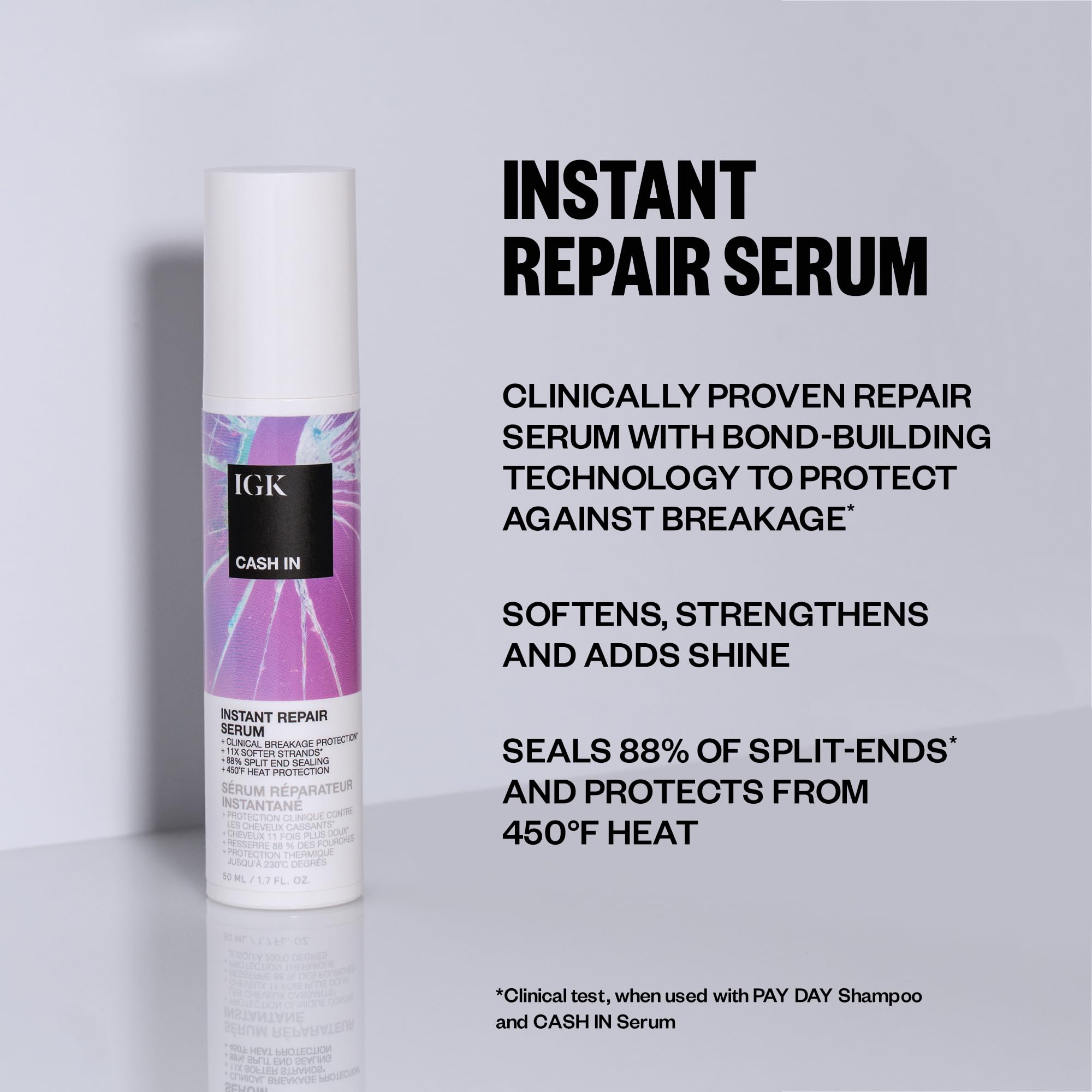 IGK Cash In serum application on hair shows easy distribution for quick repair routine