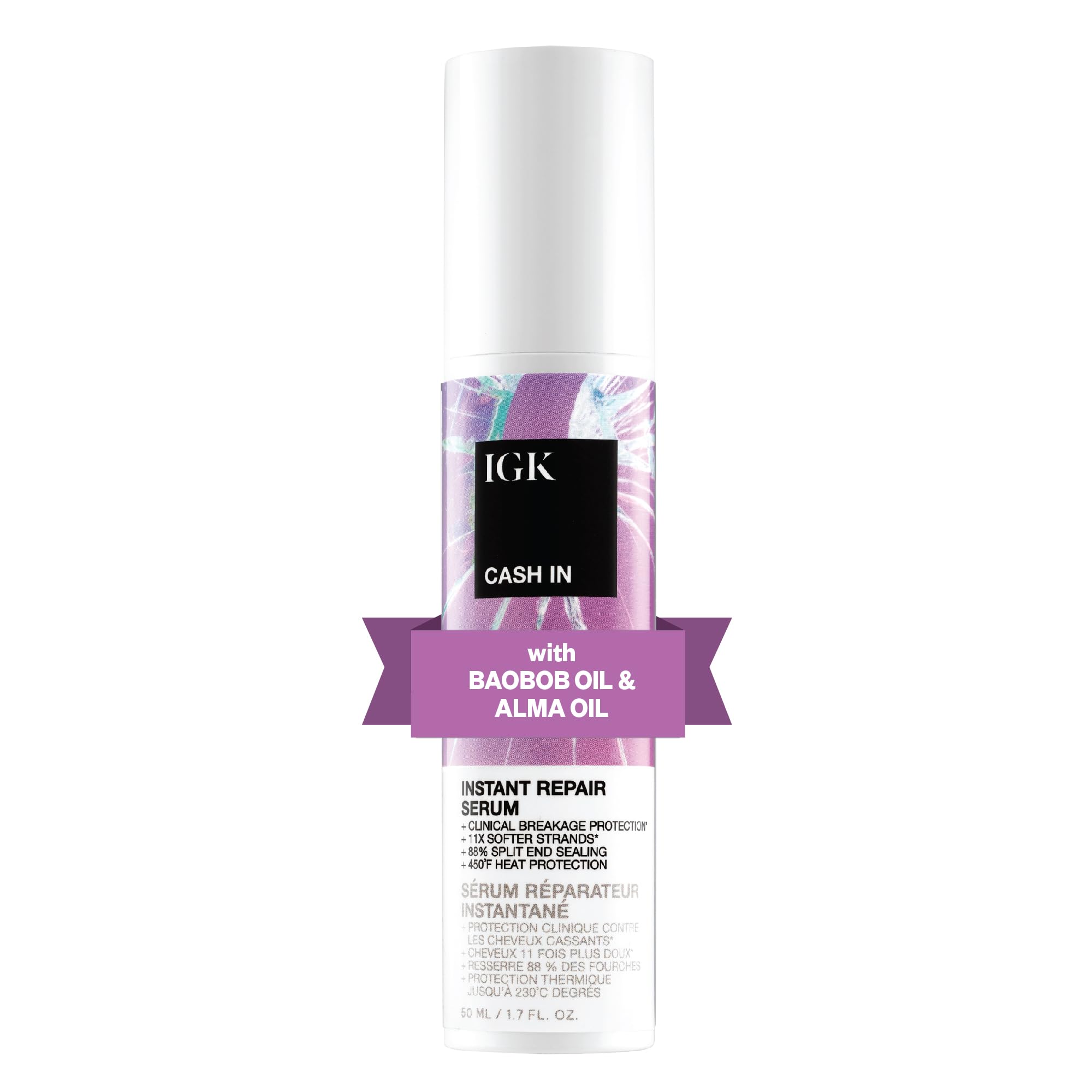 IGK Cash In serum bottle closeup highlighting vegan silk benefits for smoother, stronger hair