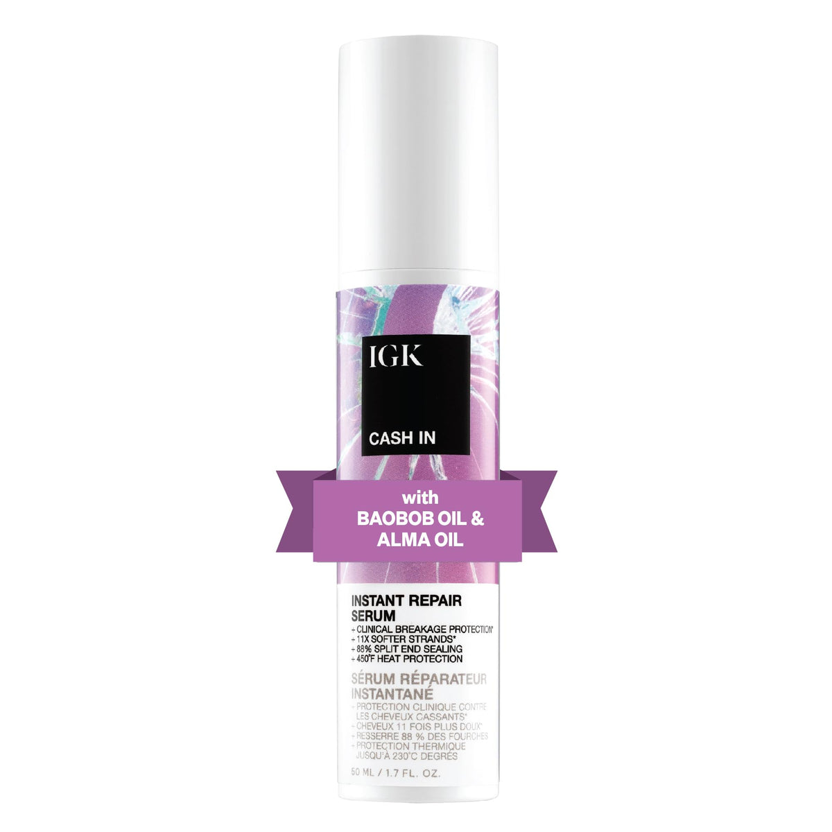 IGK Cash In serum bottle closeup highlighting vegan silk benefits for smoother, stronger hair