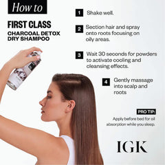 IGK First Class charcoal detox with white tea powder calming scalp and hair feel.