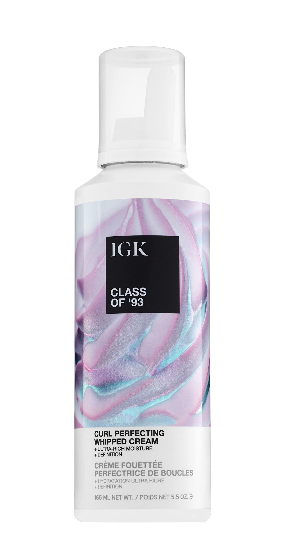 IGK Class of ’93 curl perfecting whipped cream bottle shows lightweight moisture and curl definition
