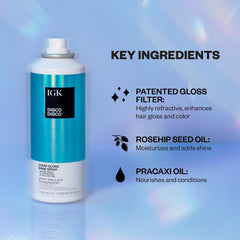 IGK Disco Disco gloss glow on hair highlights glassy shine.