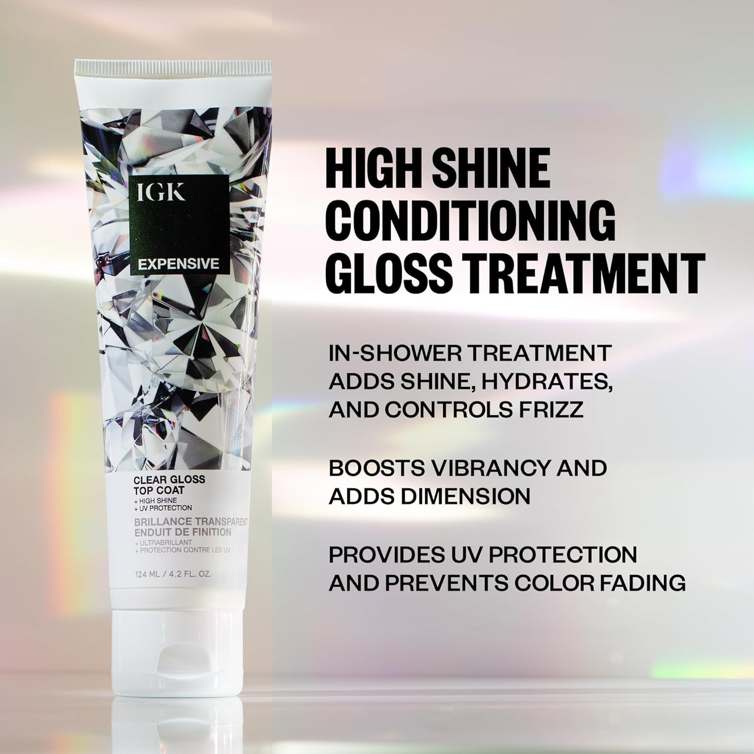 IGK Expensive Clear Gloss Top Coat in-wet-hair application demonstrates quick 3-minute treatment.