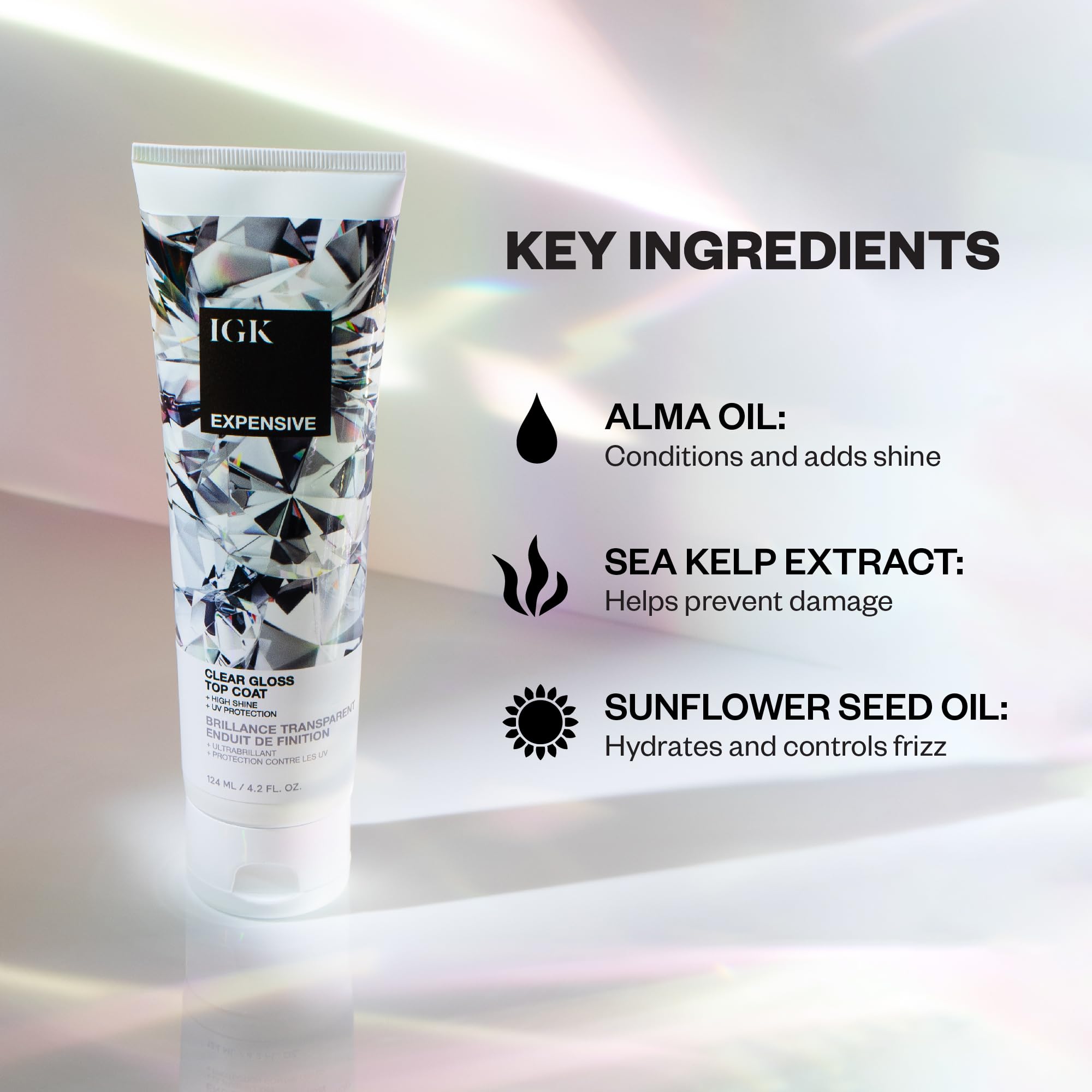 IGK Expensive gloss pump-dispense demonstrates easy, controlled application for precise top-coat results