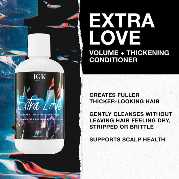 IGK Extra Love Thickening Conditioner tube emphasizes lightweight volume without weighing hair down.