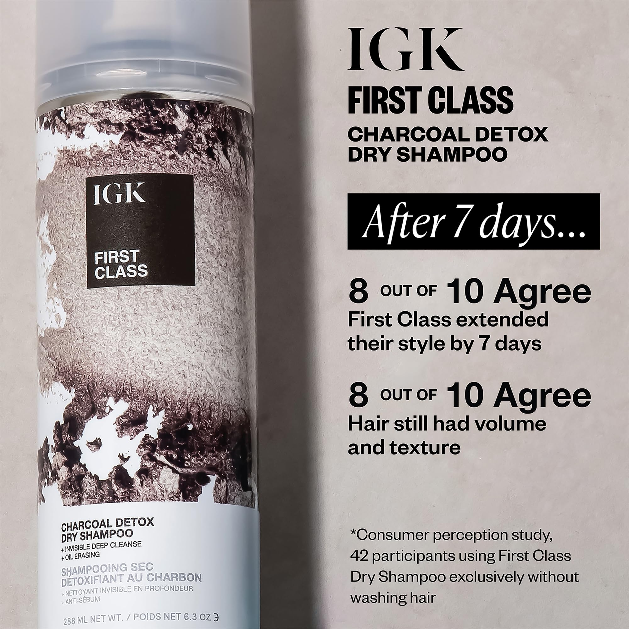Detail of charcoal powder in IGK FIRST CLASS shampoo hints at detoxifying cleanse.