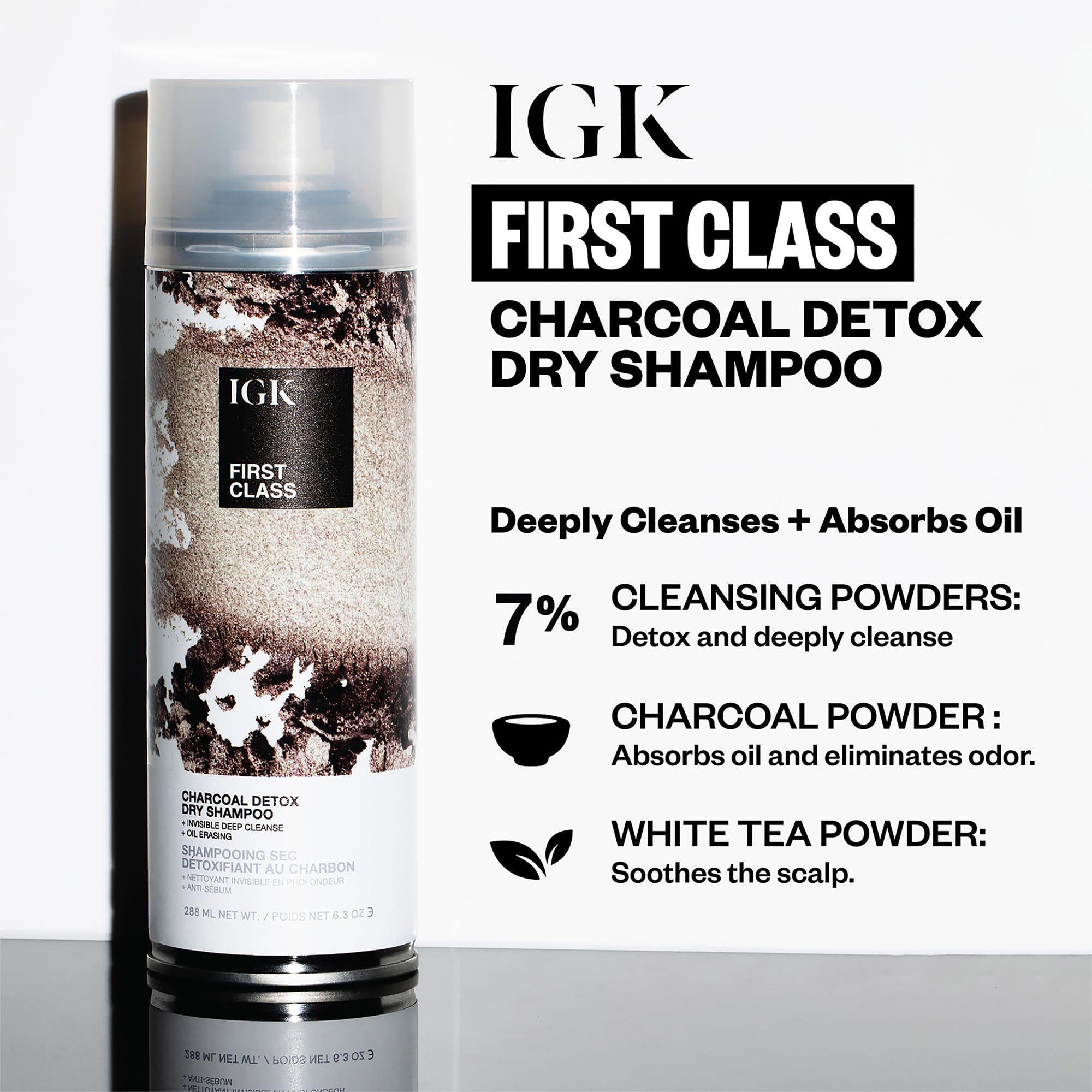 Close-up of IGK FIRST CLASS Detoxifying Charcoal Shampoo lather showing deep cleanse.