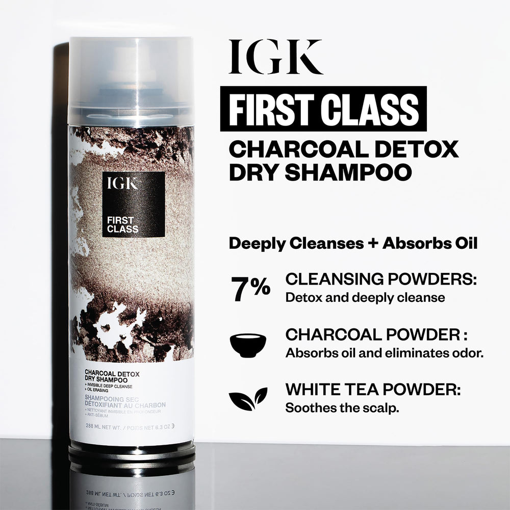 Close-up of IGK FIRST CLASS Detoxifying Charcoal Shampoo lather showing deep cleanse.