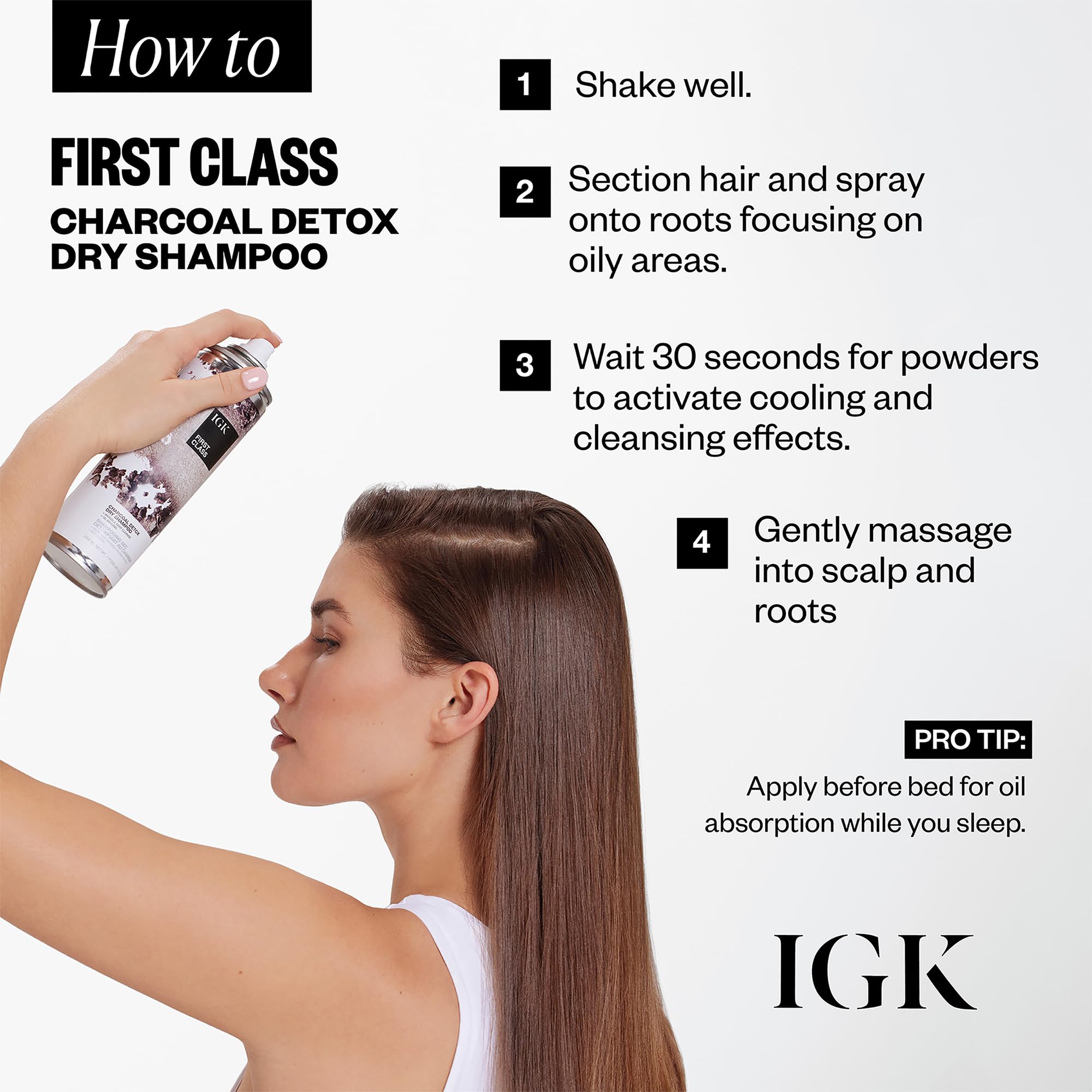 IGK FIRST CLASS shampoo packaging highlights white tea extract for scalp soothing.