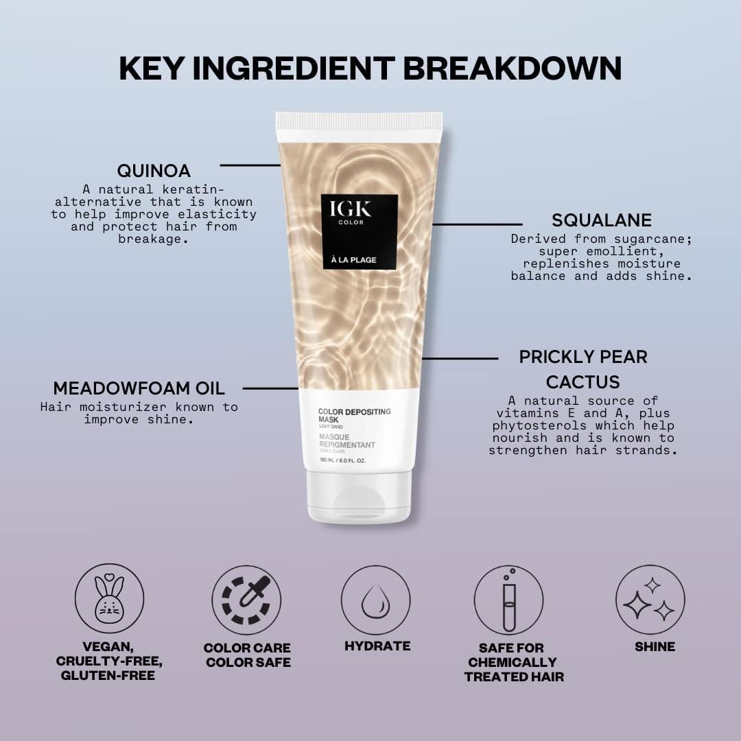 IGK gloss-toner Light Sand packaging emphasizes vegan and cruelty-free formula